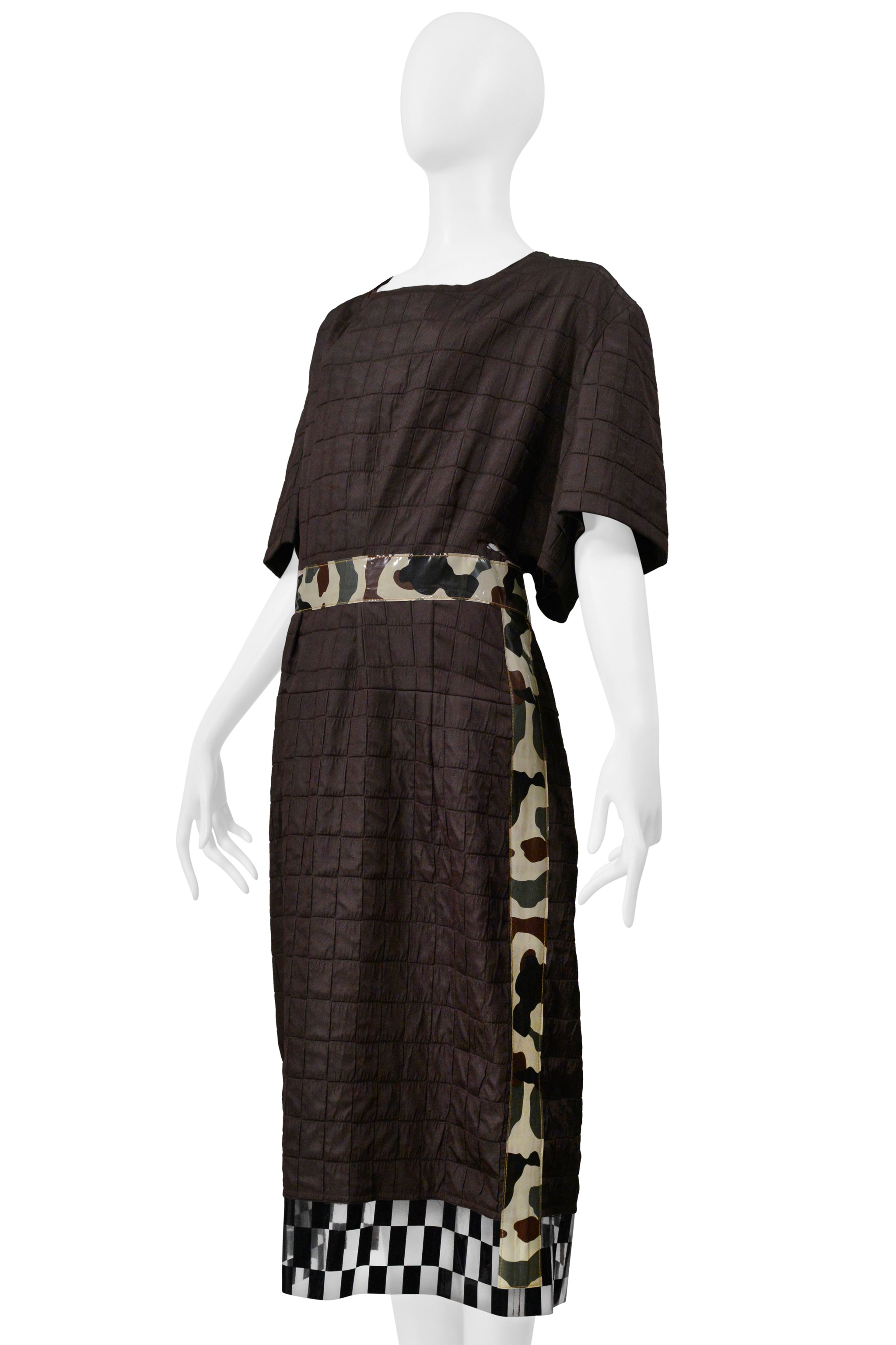 COMME DES GARCONS BROWN DAY DRESS WITH CAMO TRIM & VINYL CHECKERBOARD TRIM 2001