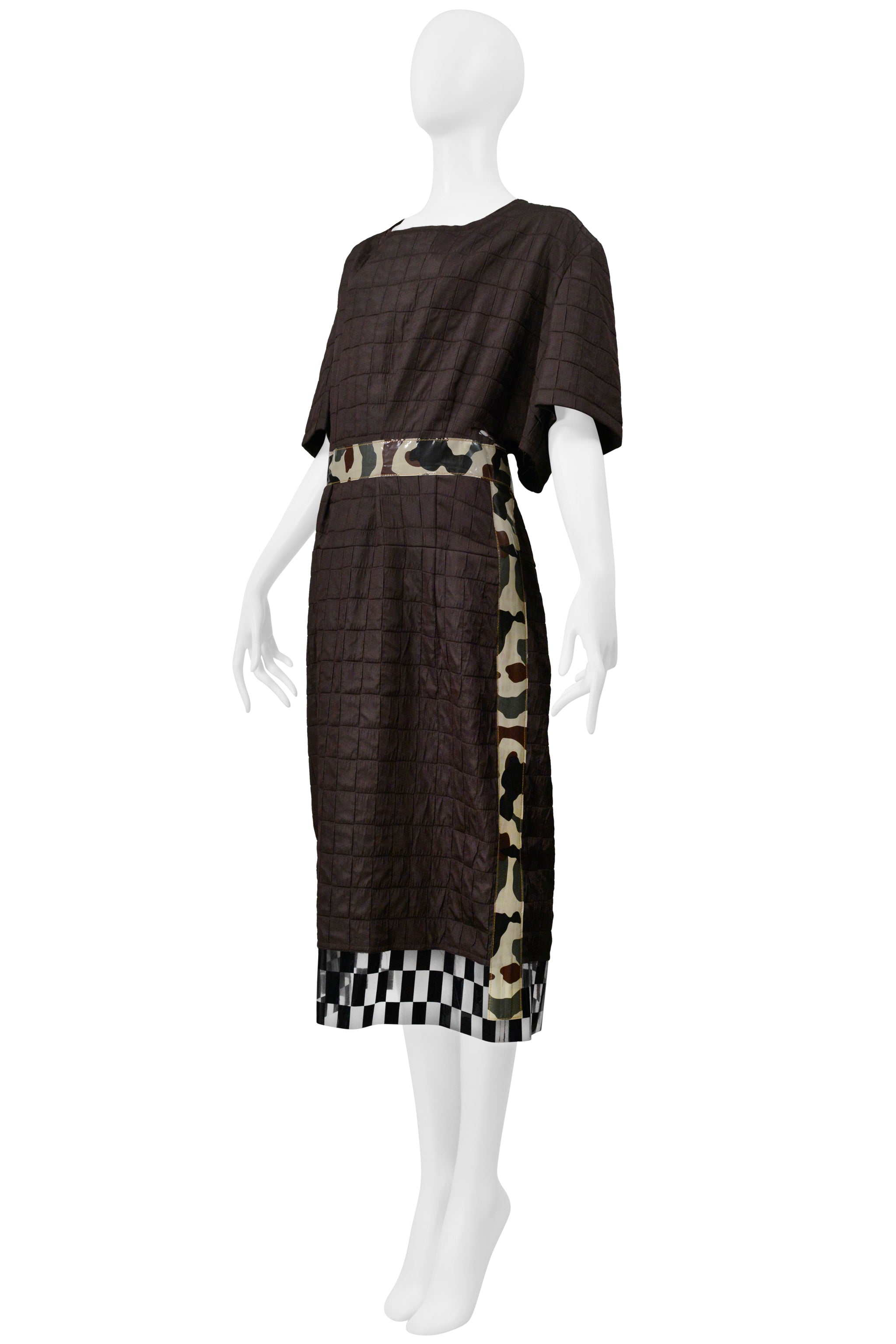 COMME DES GARCONS BROWN DAY DRESS WITH CAMO TRIM & VINYL CHECKERBOARD TRIM 2001