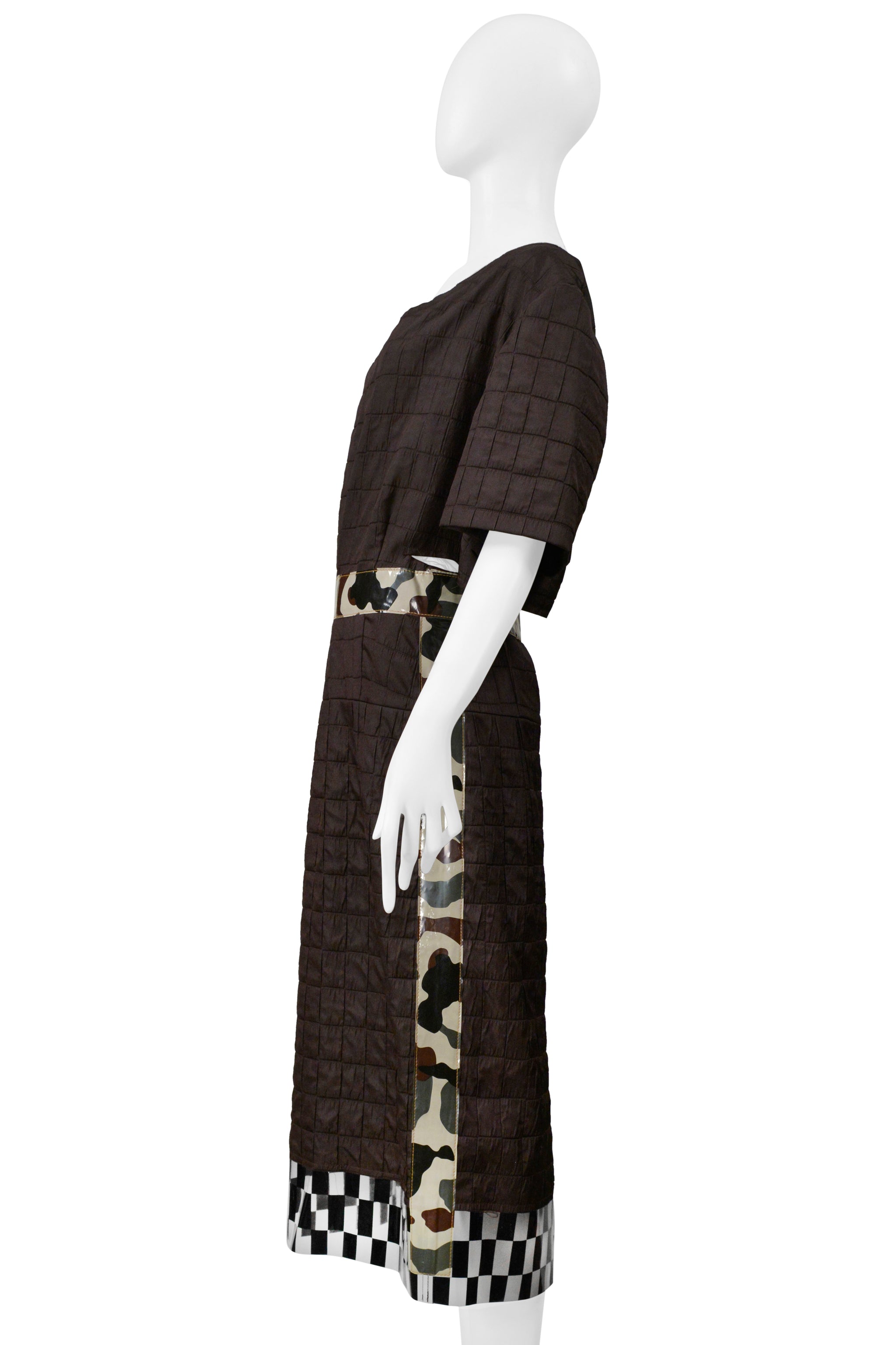 COMME DES GARCONS BROWN DAY DRESS WITH CAMO TRIM & VINYL CHECKERBOARD TRIM 2001