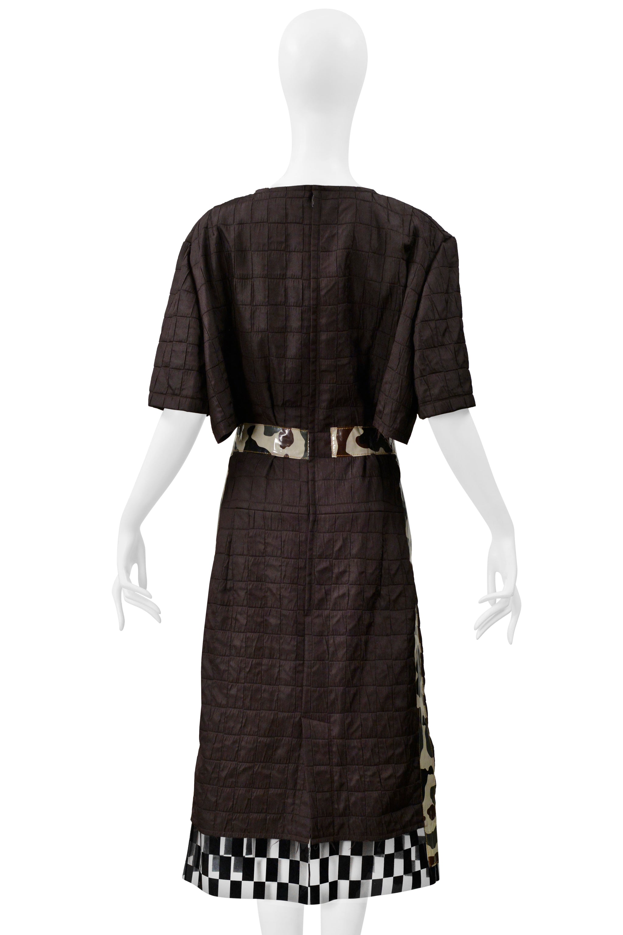 COMME DES GARCONS BROWN DAY DRESS WITH CAMO TRIM & VINYL CHECKERBOARD TRIM 2001