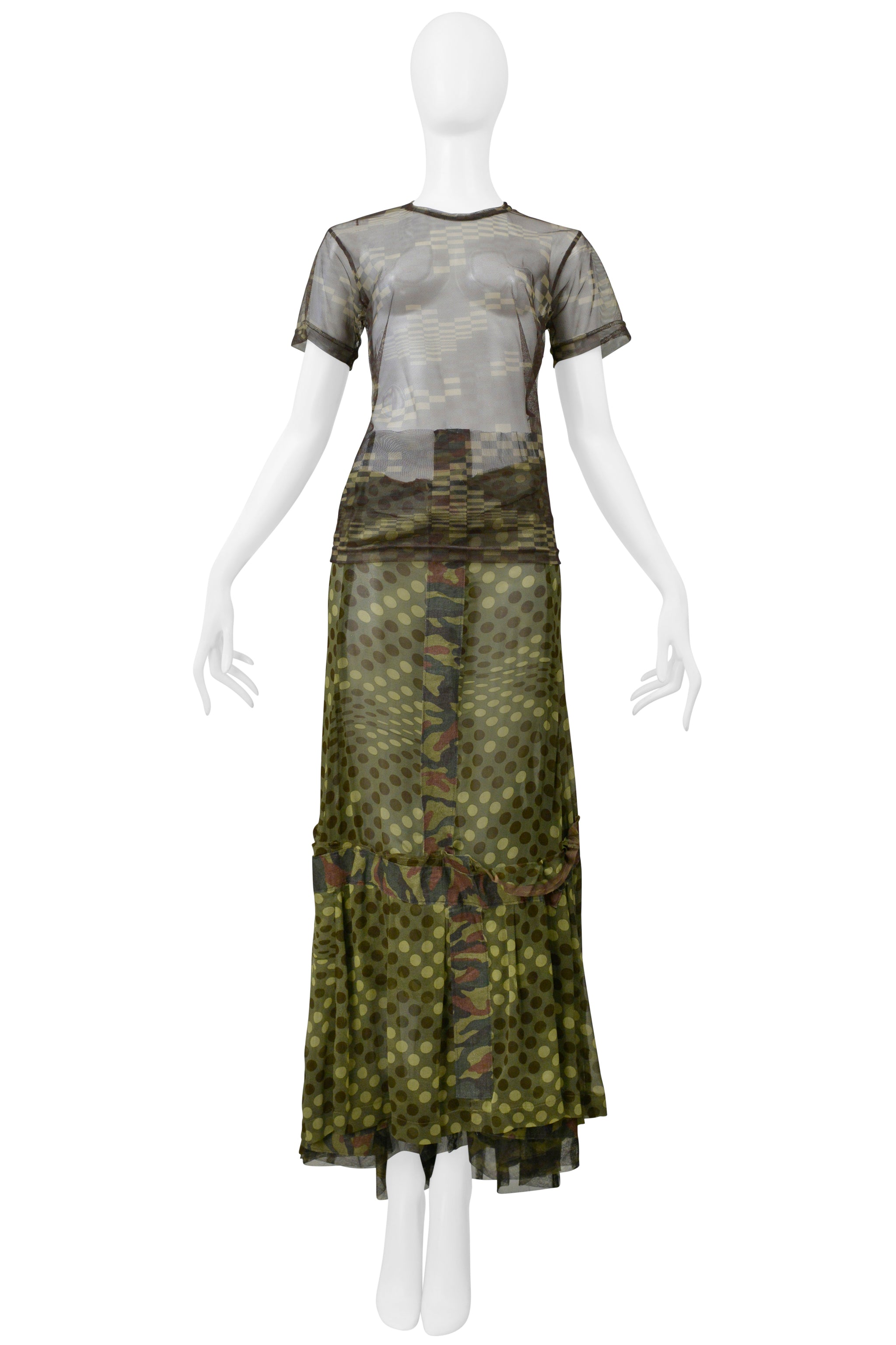 COMME DES GARCONS GREEN CAMOUFLAGE POLKA DOT SKIRT & MESH TOP SS 2001