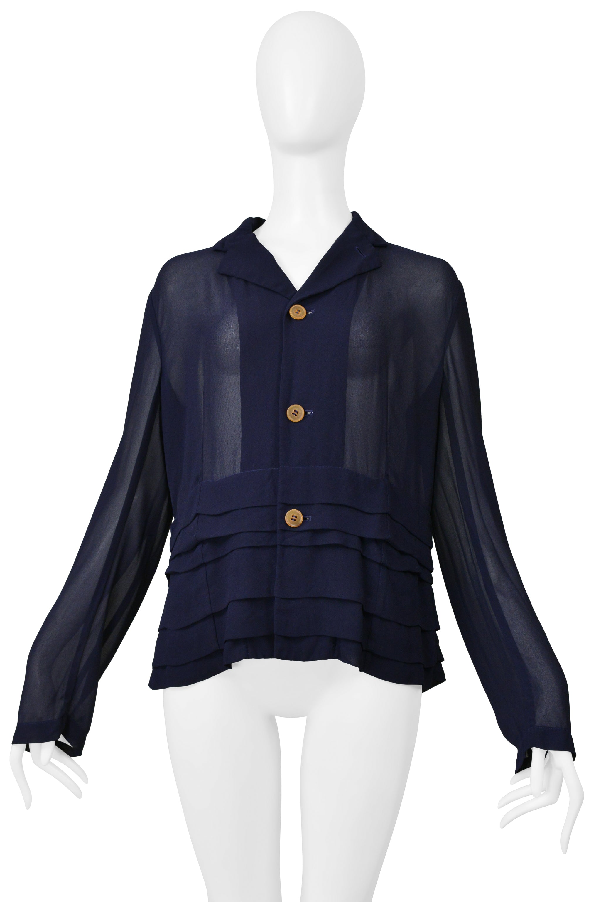 COMME DES GARCONS NAVY BLUE SHEER TOP WITH PLEATS 2004