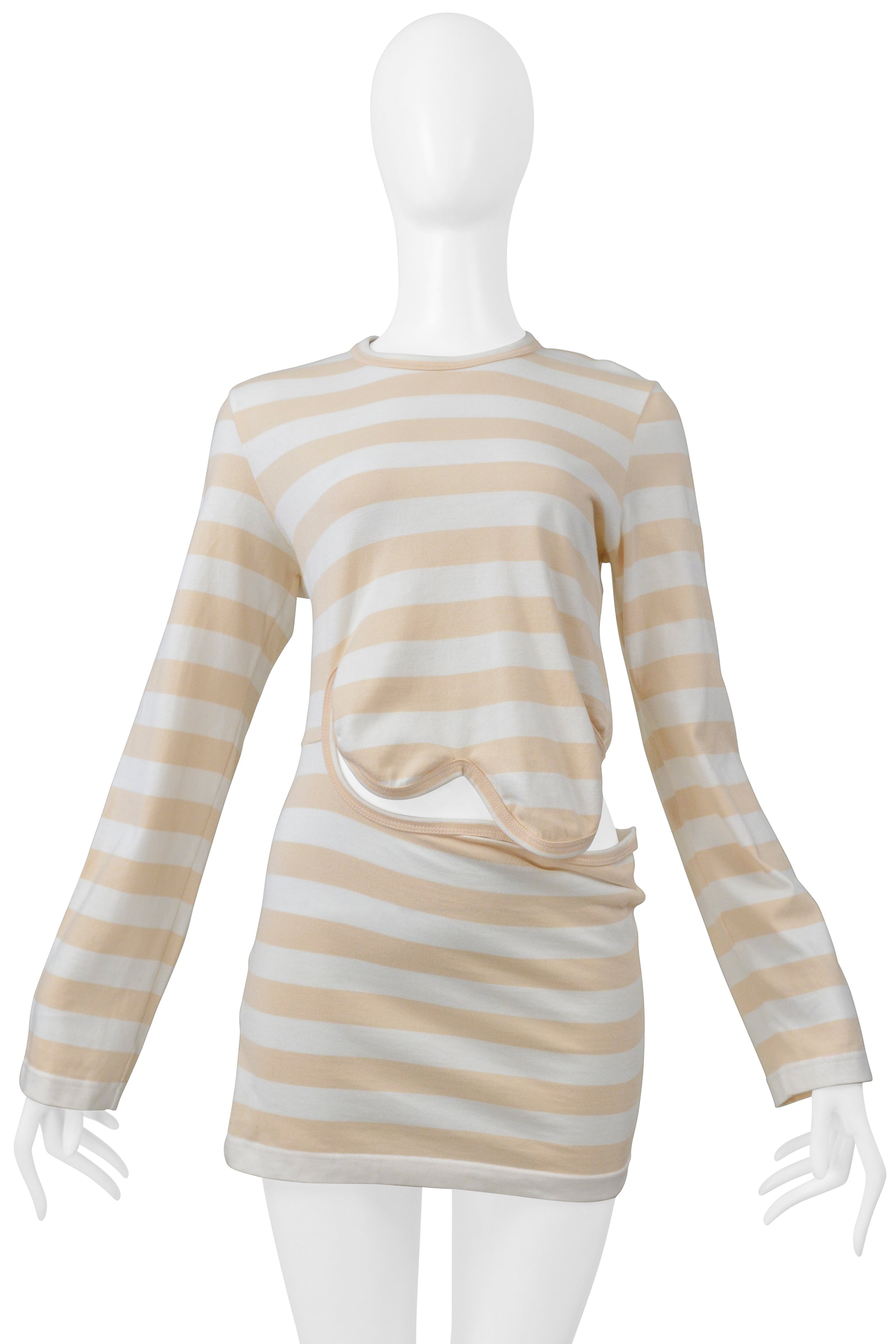 COMME DES GARCONS WHITE AND TAN STRIPED LONG SLEEVE SHIRT WITH SCALLOPED EDGES AND CUT OUT 2004