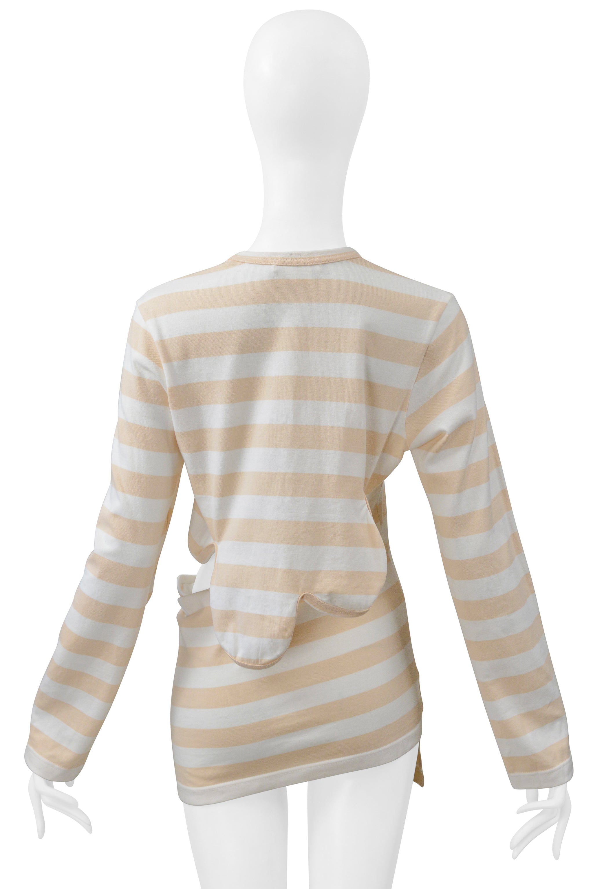 COMME DES GARCONS WHITE AND TAN STRIPED LONG SLEEVE SHIRT WITH SCALLOPED EDGES AND CUT OUT 2004