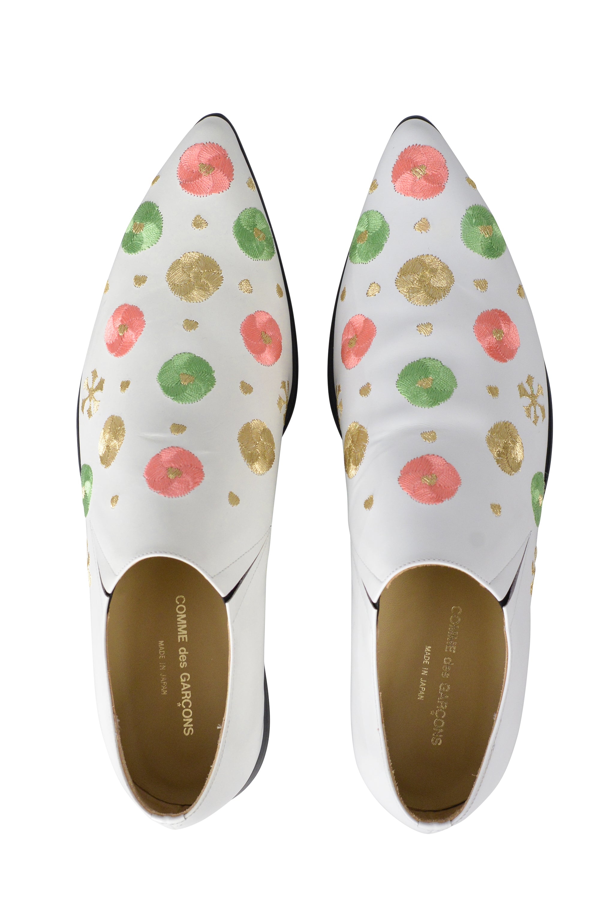 COMME DES GARCONS WHITE LEATHER SLIP ON SHOES WITH PINK AND GREEN EMBROIDERY 2004