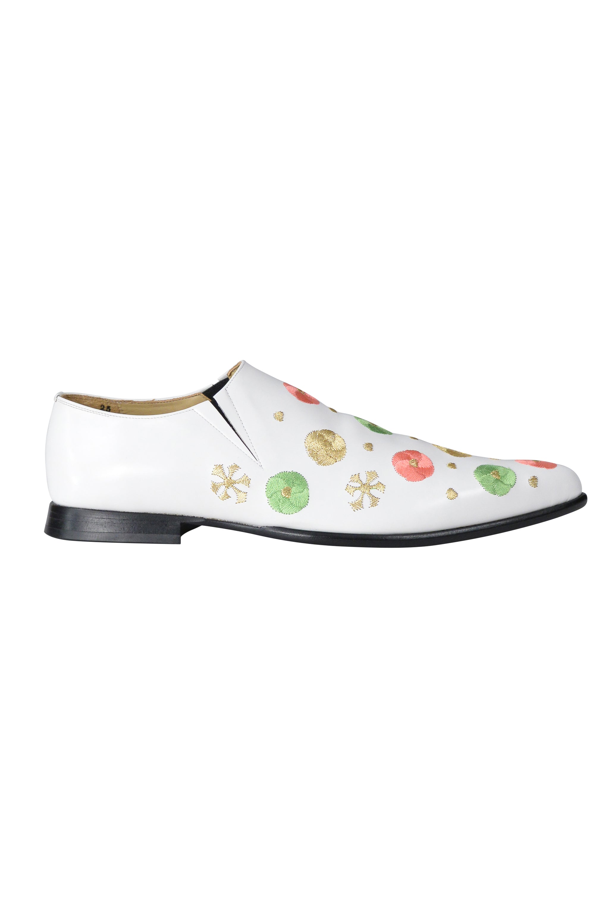 COMME DES GARCONS WHITE LEATHER SLIP ON SHOES WITH PINK AND GREEN EMBROIDERY 2004