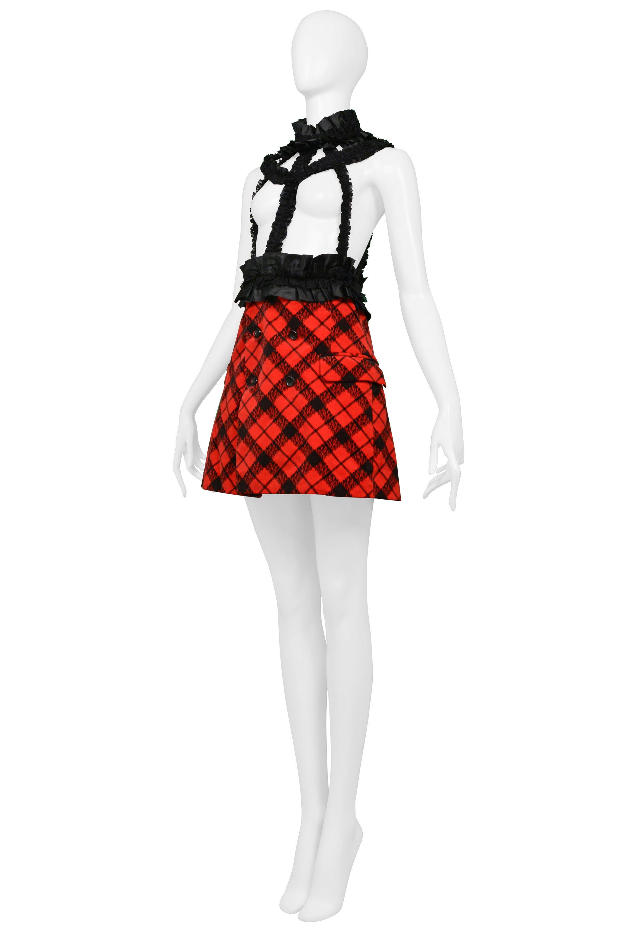 COMME DES GARCONS RED VELVET & BLACK PLAID MINI DRESS WITH RIBBON BRACES 2008