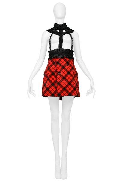 Comme Des Garcons Red Velvet & Black Plaid Mini Dress With Ribbon Brac