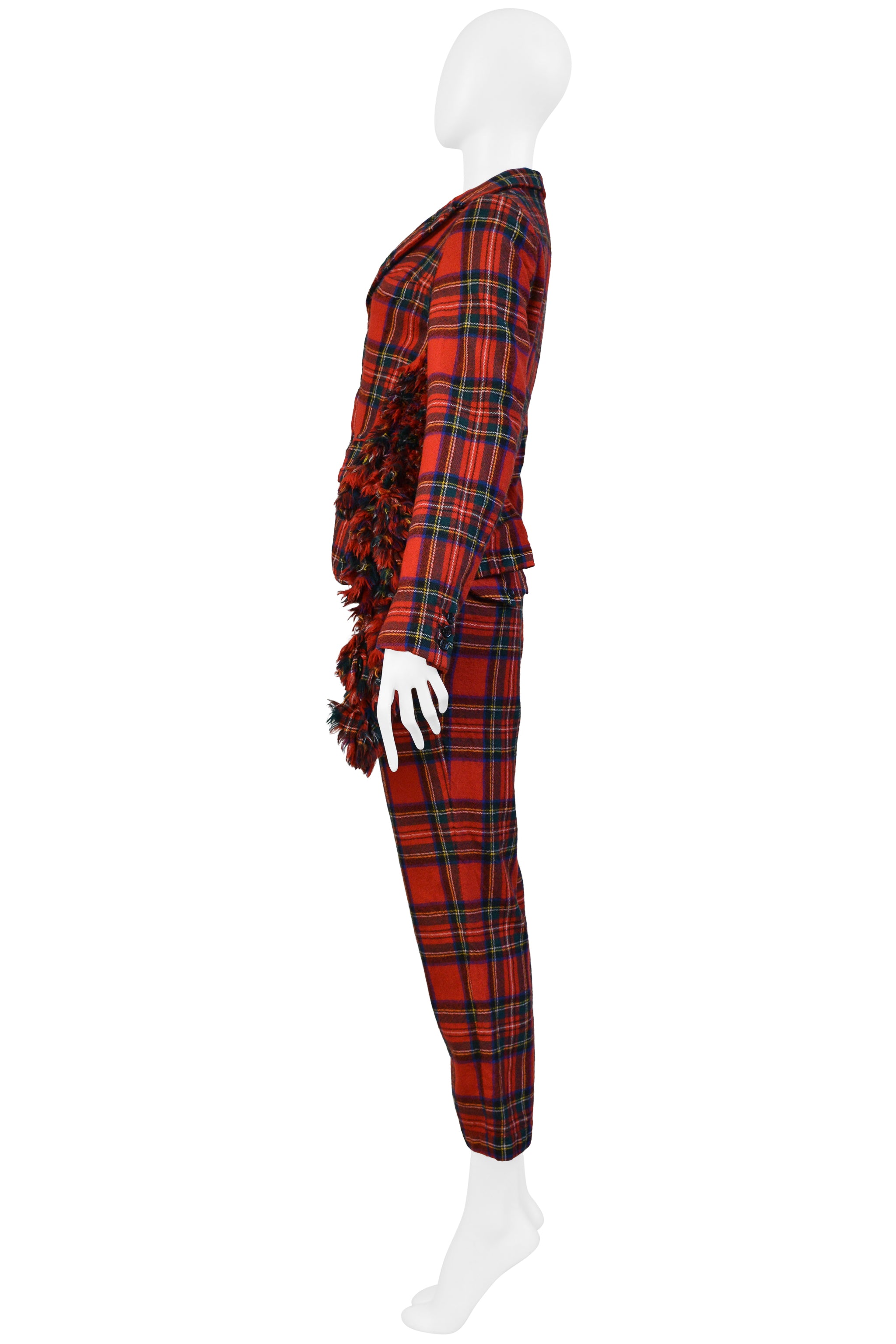 COMME DES GARCONS RED RUFFLE TARTAN JACKET AND PANTS SUIT ENSEMBLE 2000