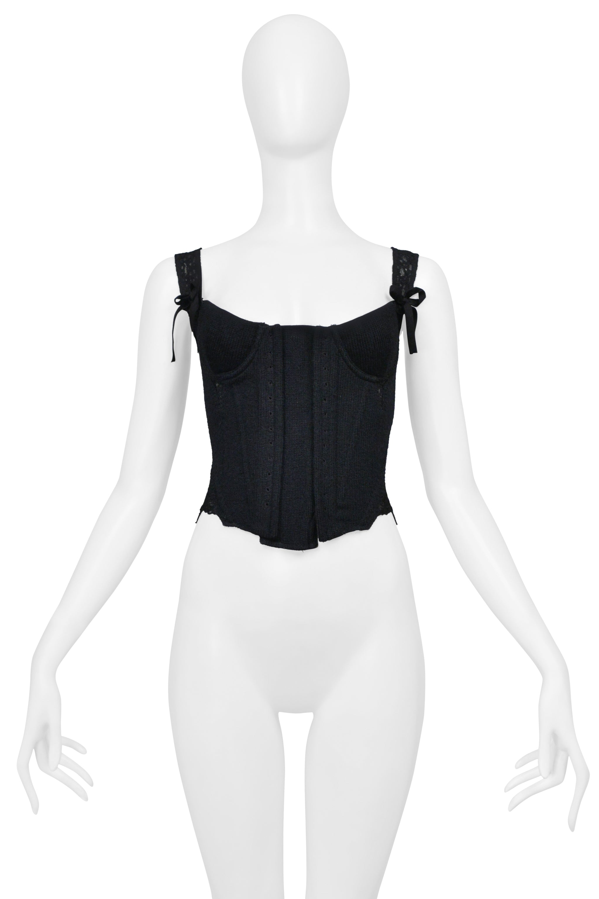 TAO FOR COMME DES GARCONS BLACK KNIT CORSET TOP WITH VELVET BOWS & RUFFLES