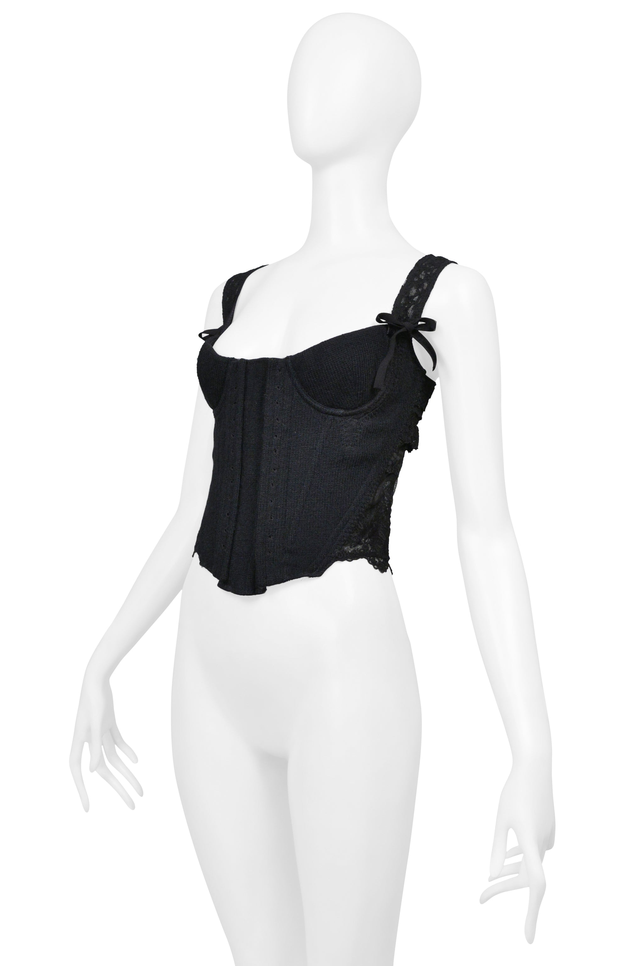 TAO FOR COMME DES GARCONS BLACK KNIT CORSET TOP WITH VELVET BOWS & RUFFLES