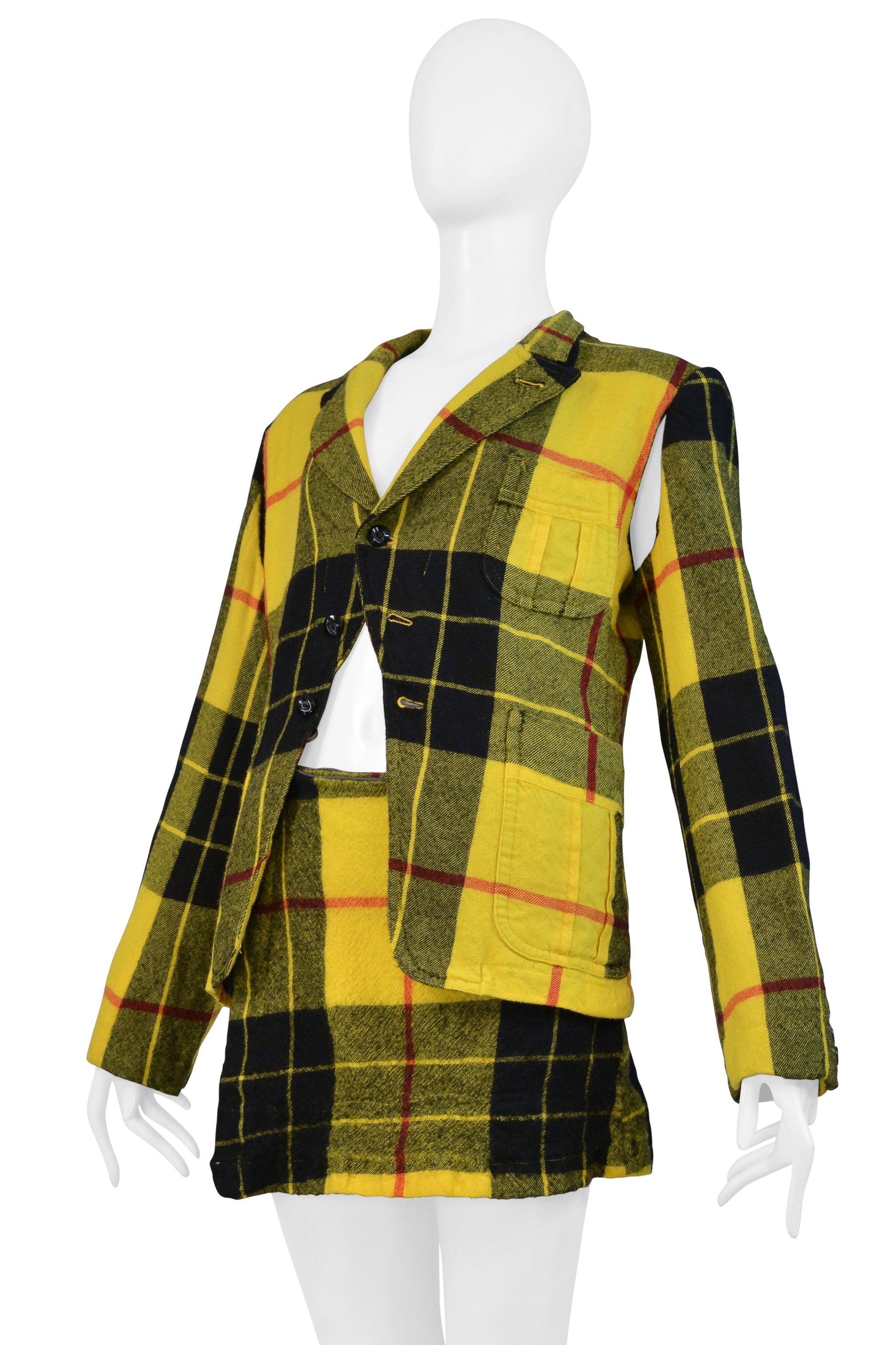 COMME DES GARCONS YELLOW RUFFLE TARTAN JACKET AND SKIRT SUIT ENSEMBLE 2000