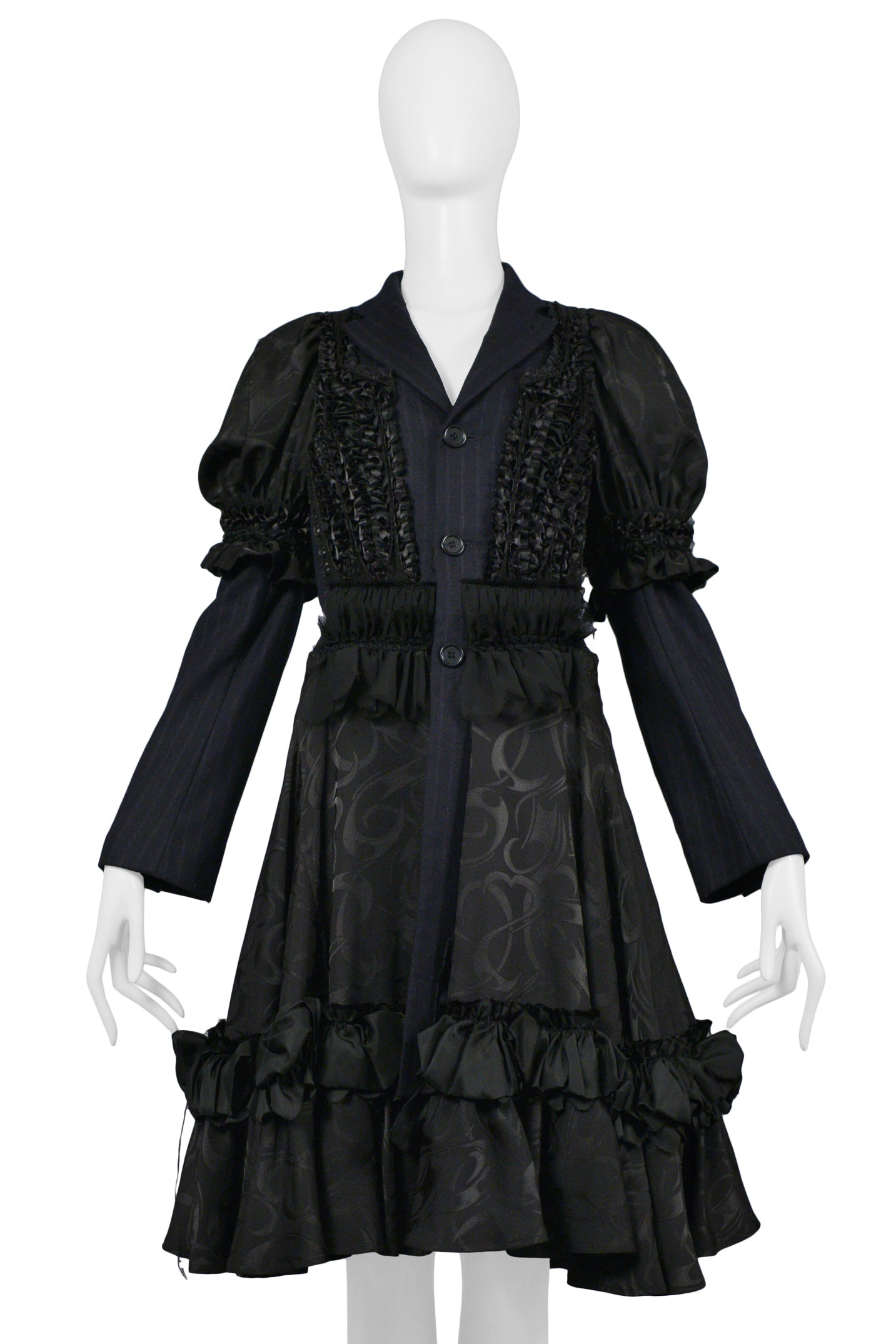 COMME DES GARCONS NAVY PINSTRIPE & BLACK RIBBON FANCY COAT DRESS 2006