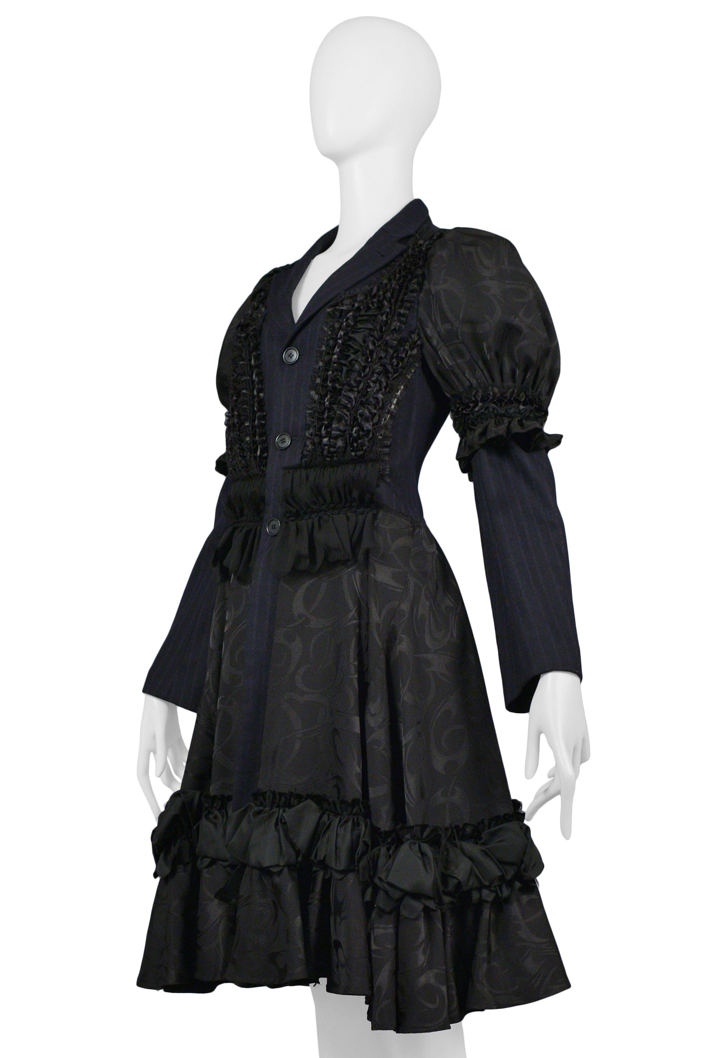 COMME DES GARCONS NAVY PINSTRIPE & BLACK RIBBON FANCY COAT DRESS 2006