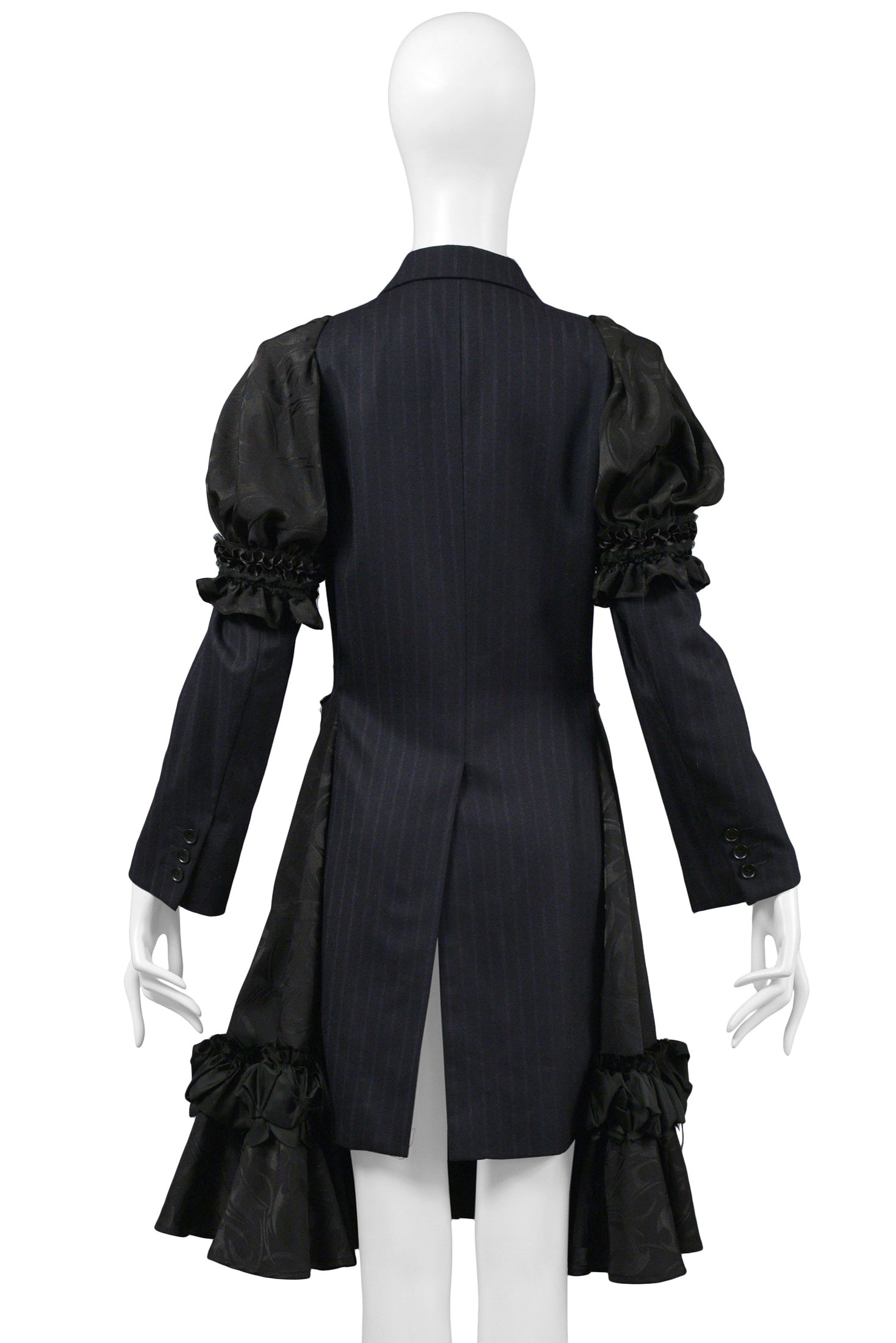 COMME DES GARCONS NAVY PINSTRIPE & BLACK RIBBON FANCY COAT DRESS 2006