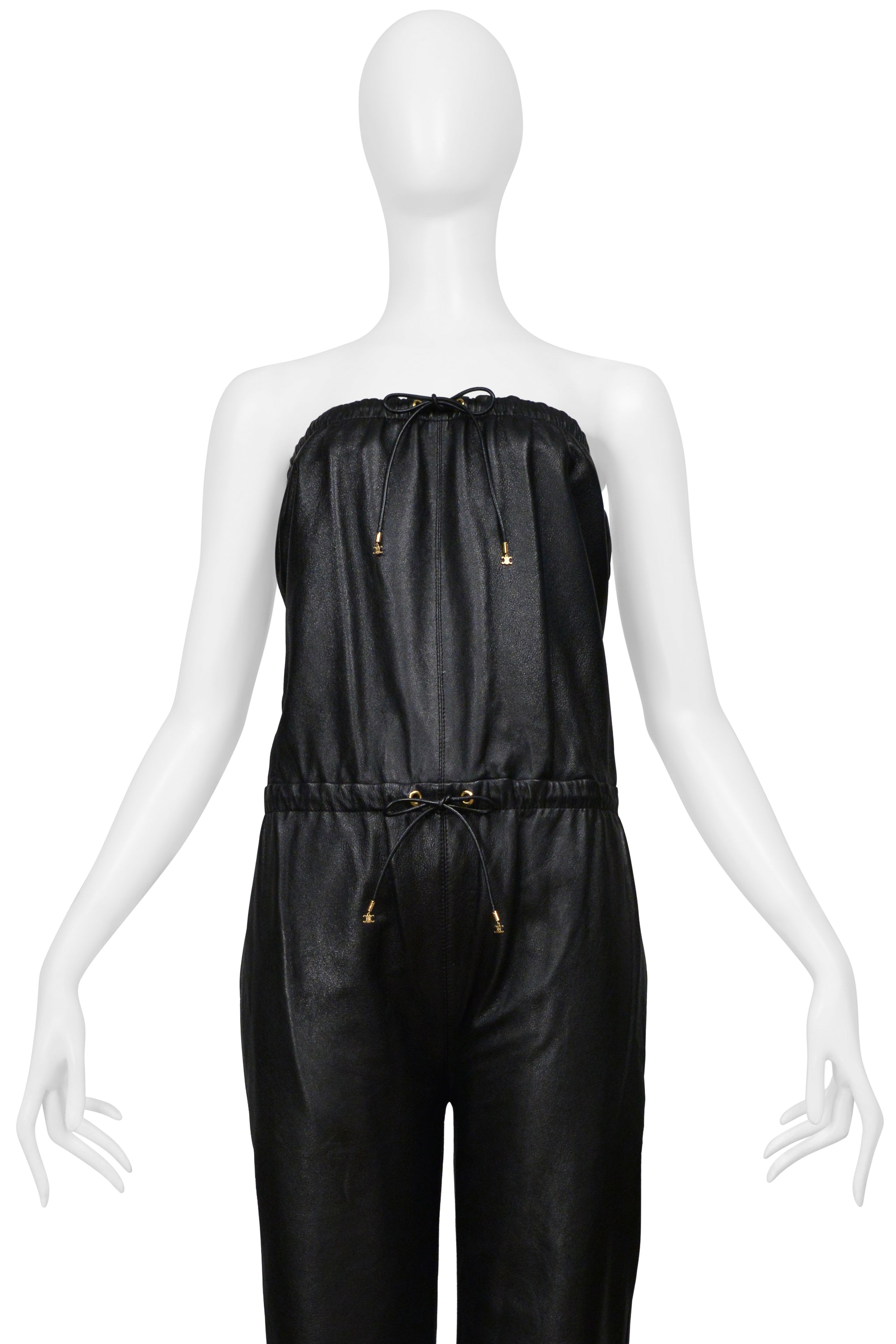 CELINE BY HEDI SLIMANE BLACK LEATHER STRAPLESS JUMPSUIT WITH GOLD DETAILING 2021