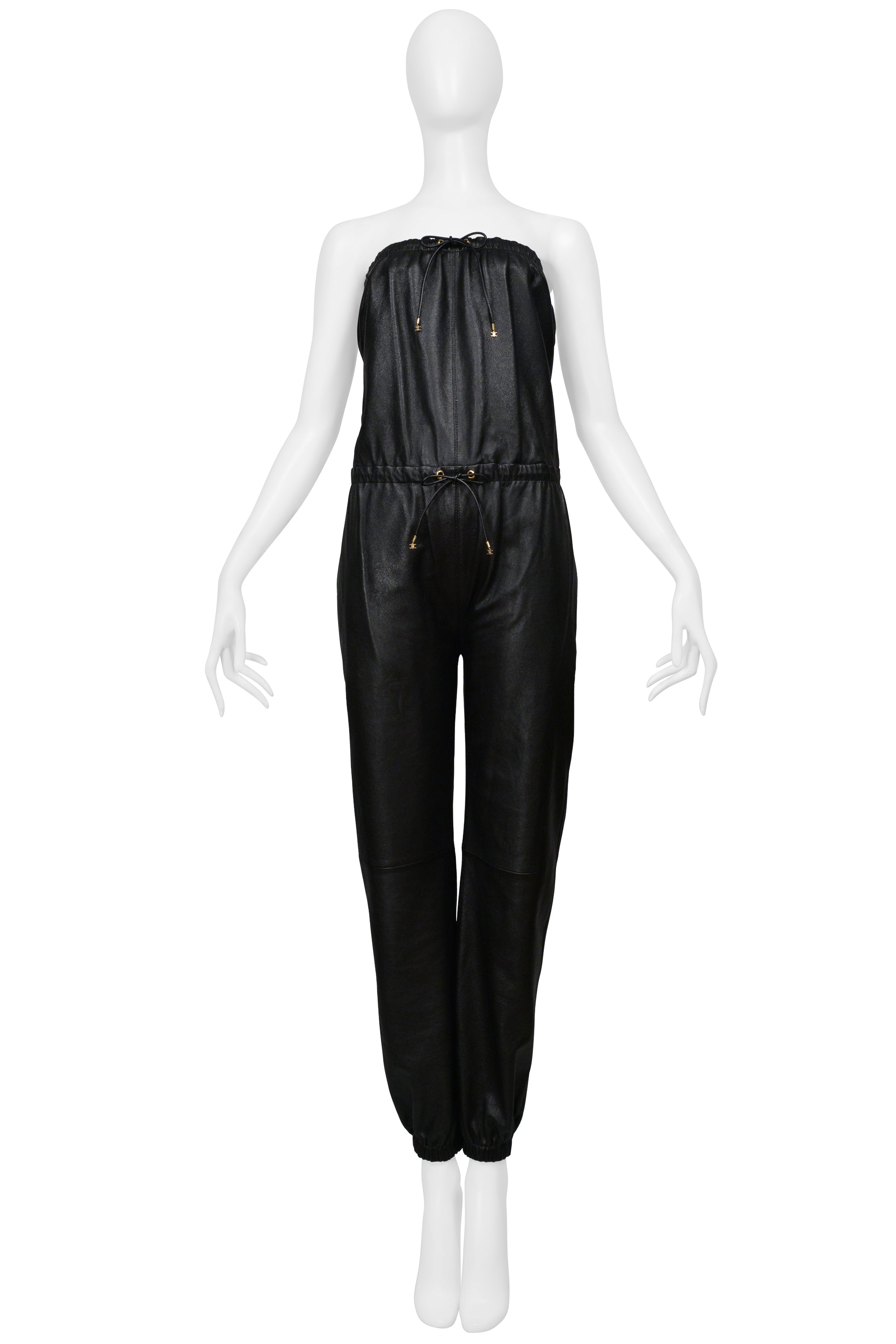 CELINE BY HEDI SLIMANE BLACK LEATHER STRAPLESS JUMPSUIT WITH GOLD DETAILING 2021