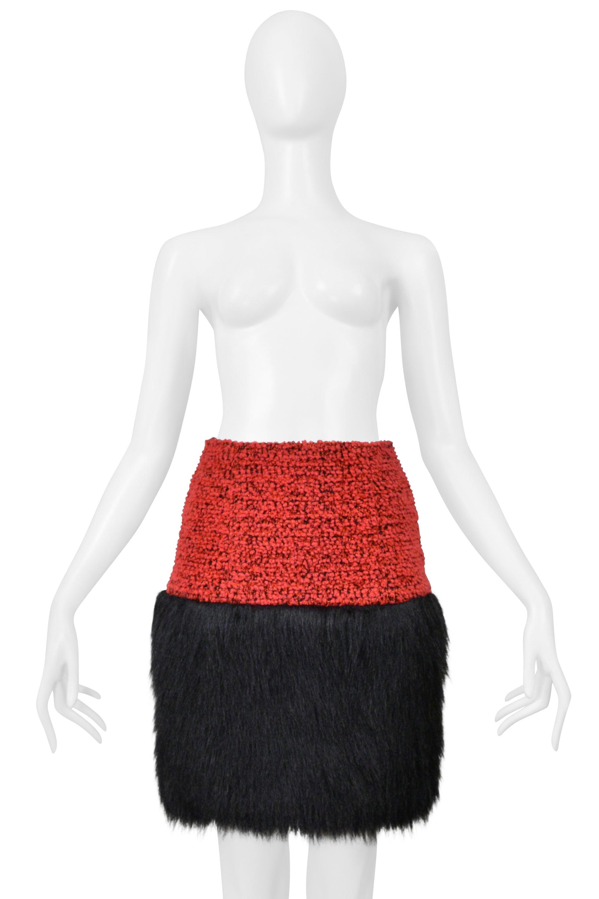 CHANEL RED VELVET TWEED SKIRT WITH BLACK FAUX FUR 1994