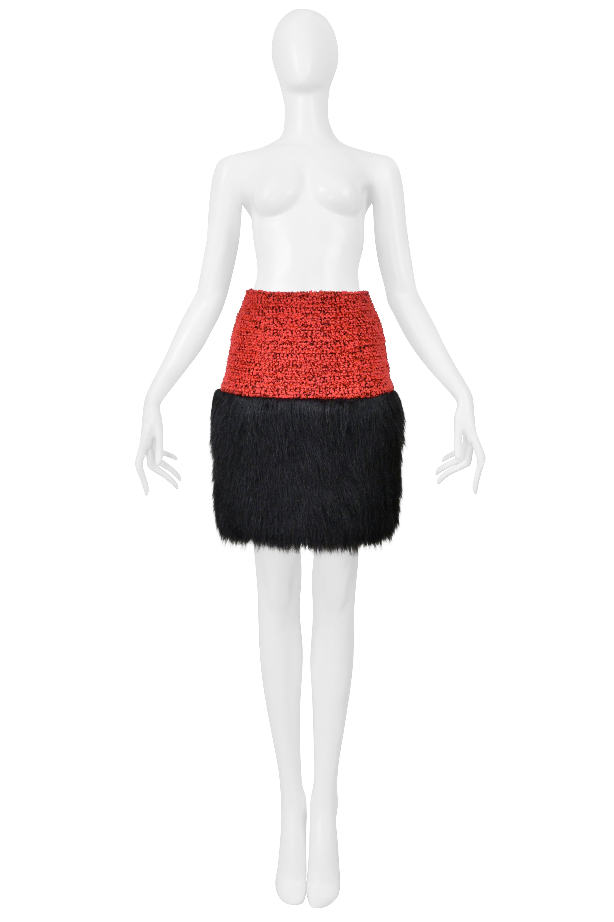 CHANEL RED VELVET TWEED SKIRT WITH BLACK FAUX FUR 1994