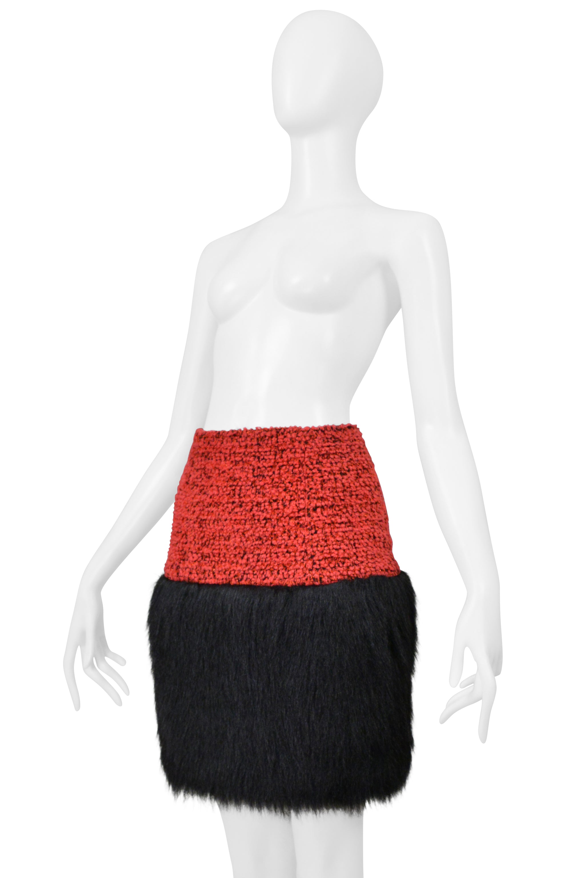 CHANEL RED VELVET TWEED SKIRT WITH BLACK FAUX FUR 1994