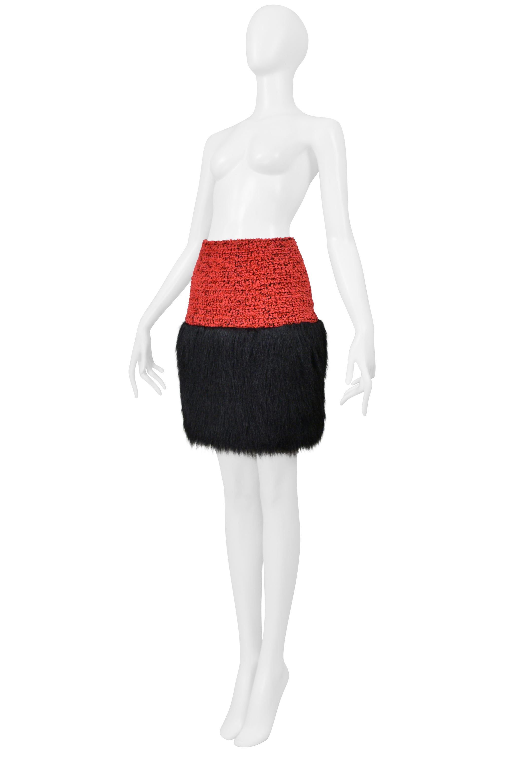 CHANEL RED VELVET TWEED SKIRT WITH BLACK FAUX FUR 1994