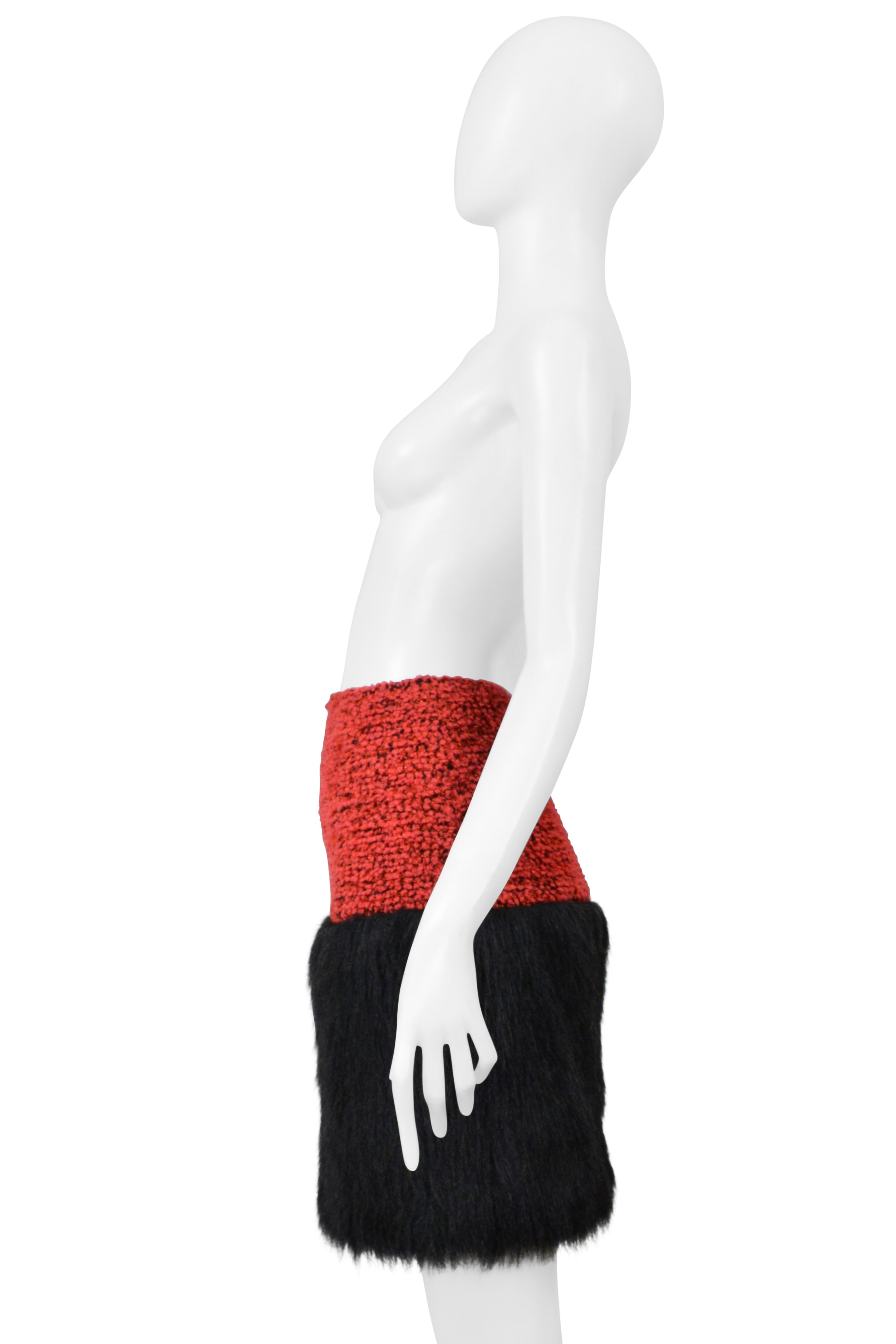 CHANEL RED VELVET TWEED SKIRT WITH BLACK FAUX FUR 1994
