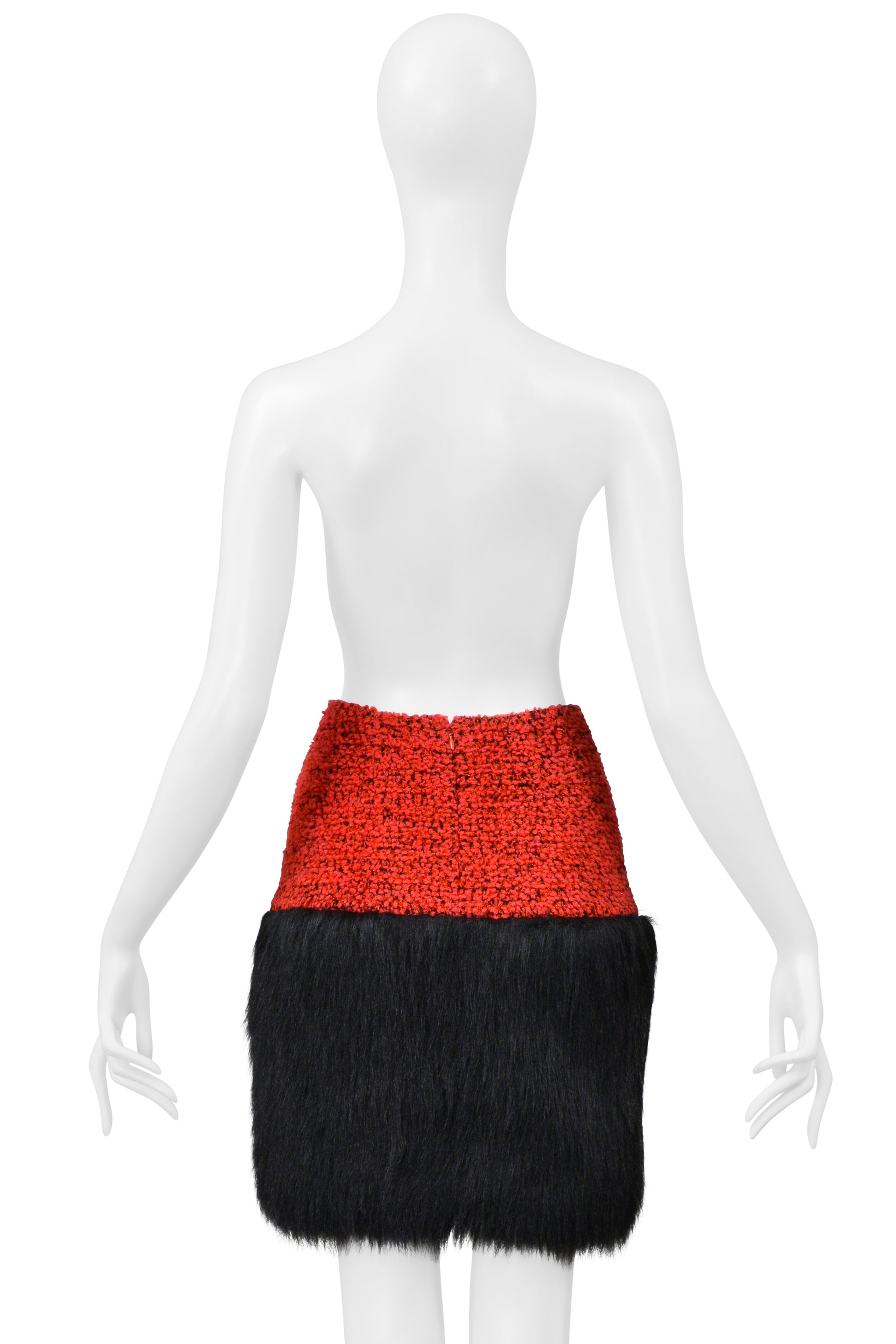 CHANEL RED VELVET TWEED SKIRT WITH BLACK FAUX FUR 1994