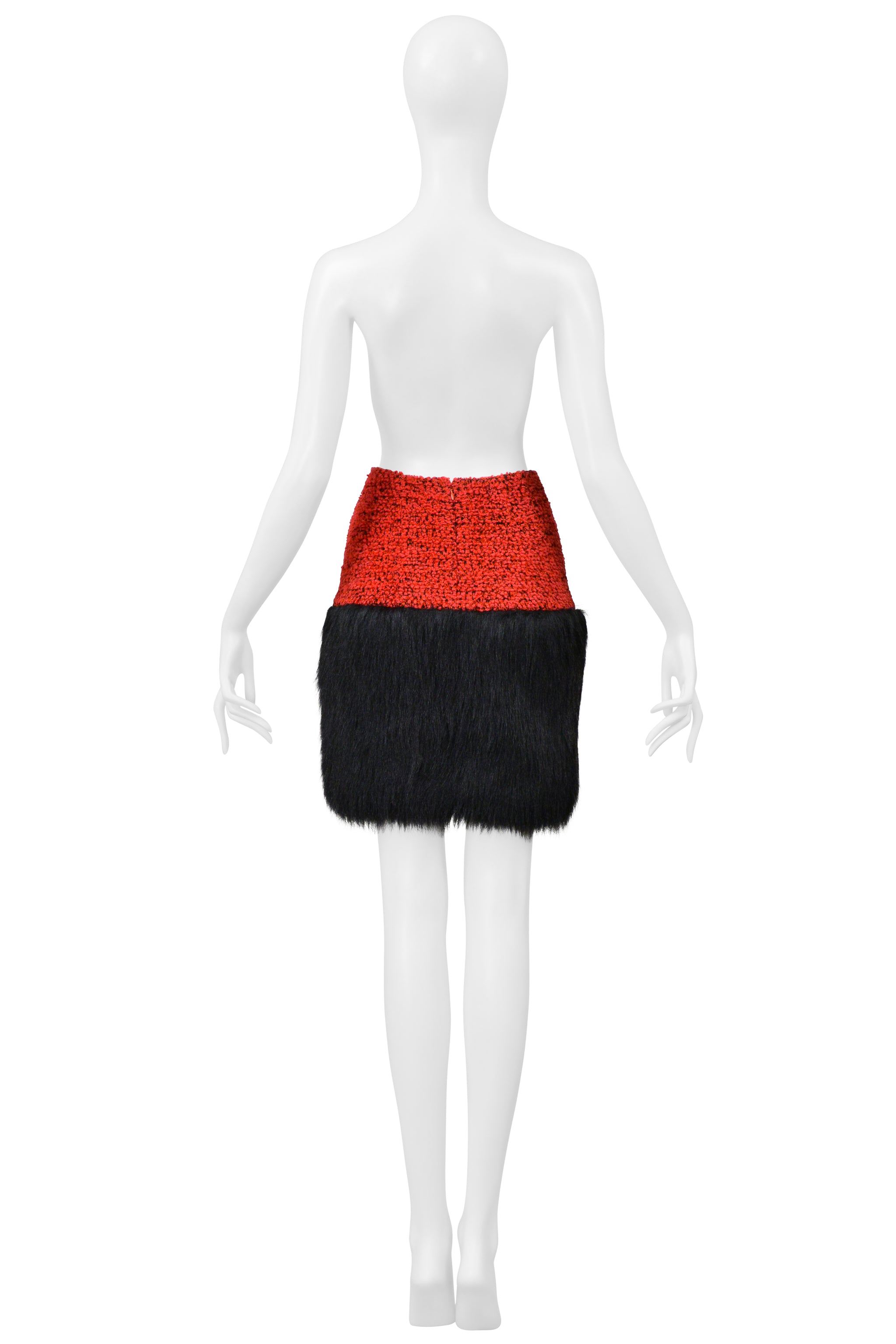CHANEL RED VELVET TWEED SKIRT WITH BLACK FAUX FUR 1994