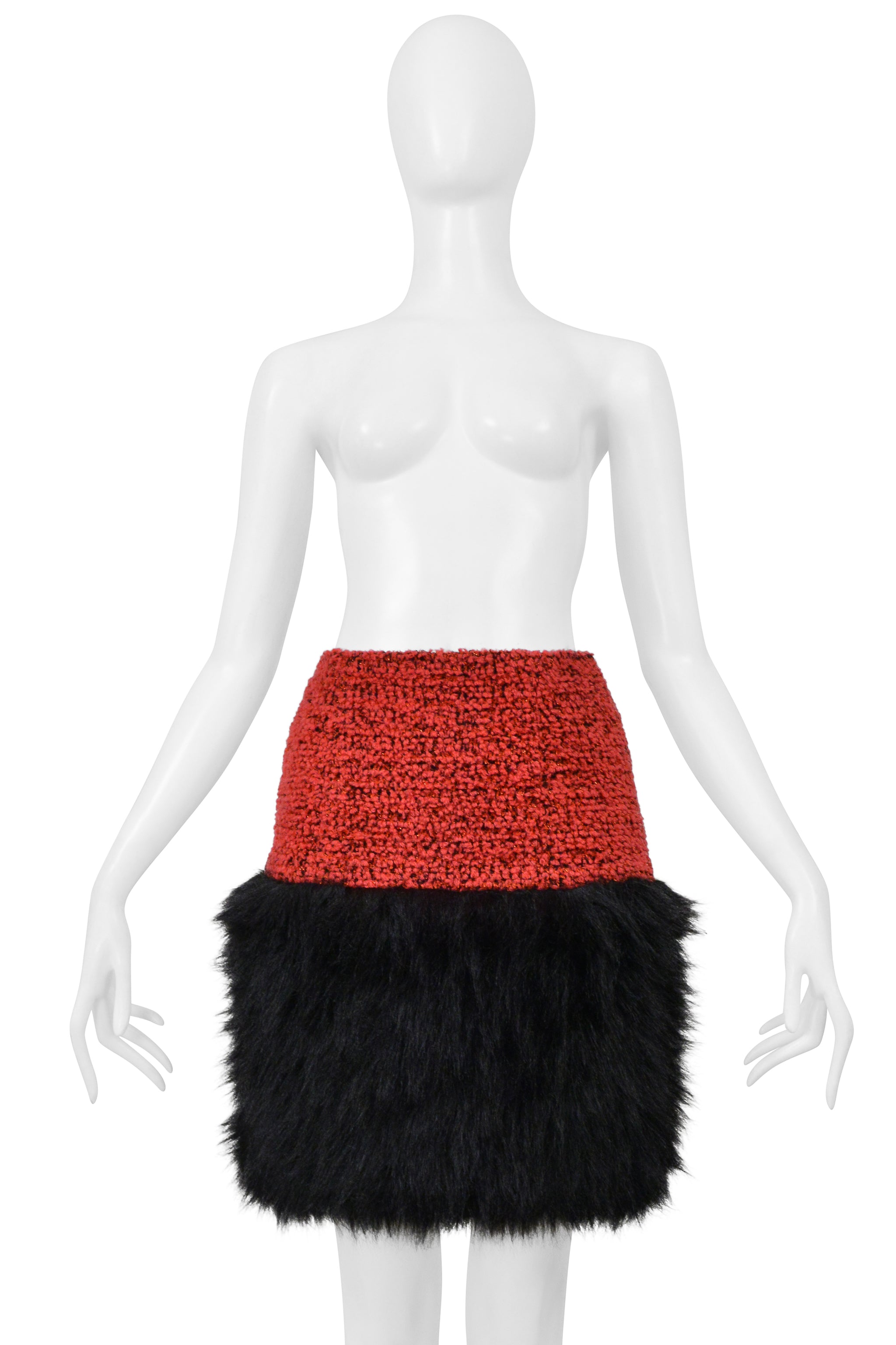 CHANEL RED VELVET TWEED SKIRT WITH BLACK FAUX FUR 1994