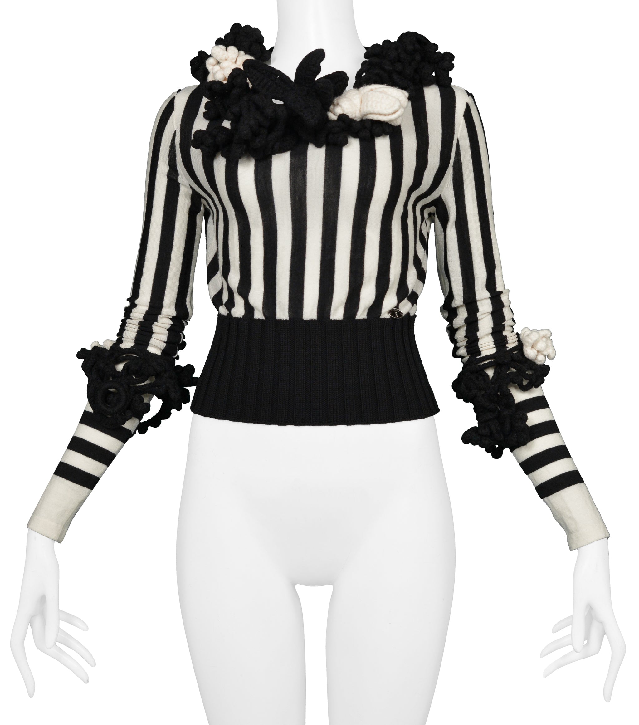 CHANEL BLACK & WHITE KNIT STRIPED TOP WITH CROCHET FLOWERS. 2007