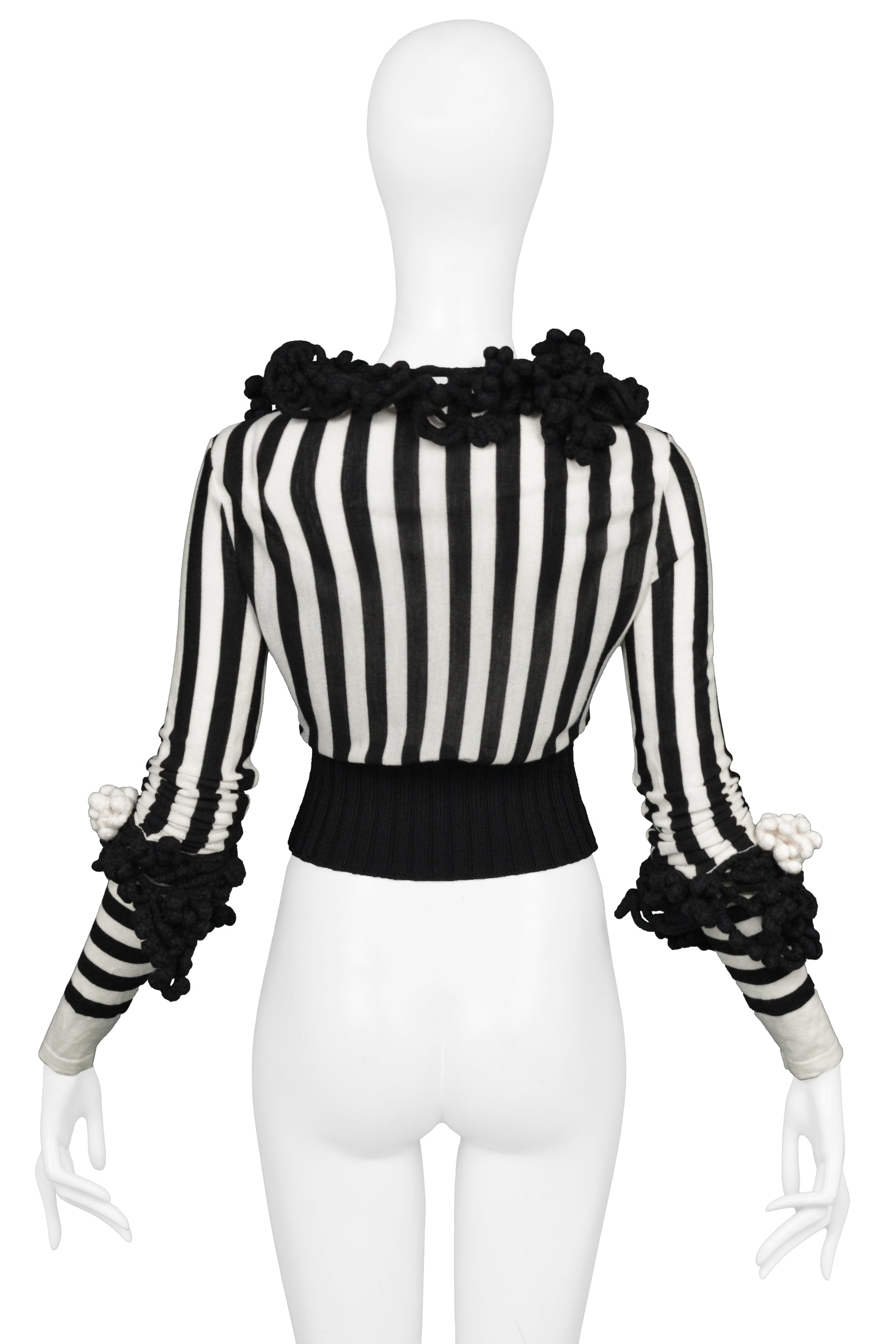 CHANEL BLACK & WHITE KNIT STRIPED TOP WITH CROCHET FLOWERS. 2007