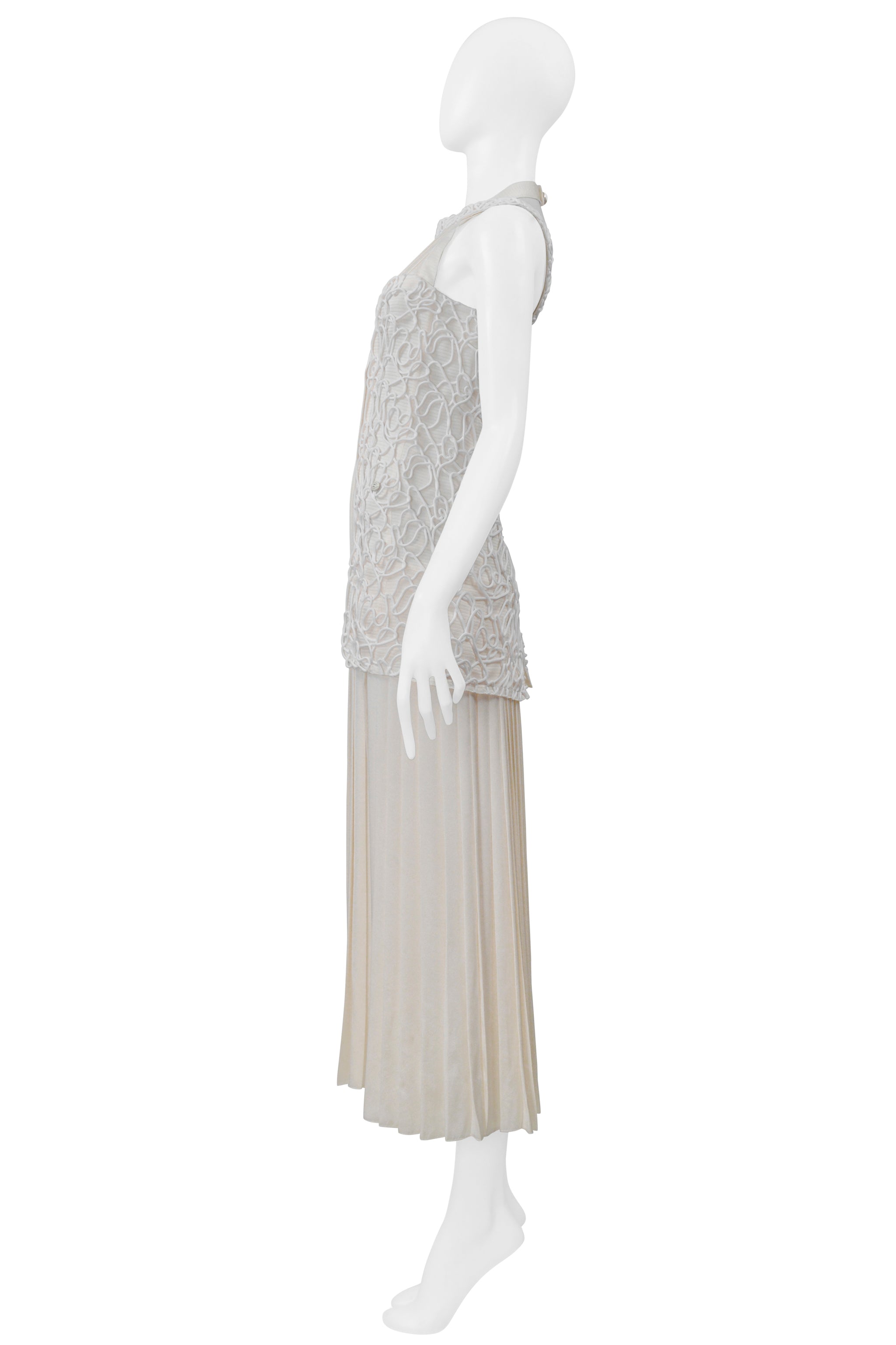 CHANEL OFF WHITE SATIN DRESS WITH DECORATED OVER BODICE AND PLEATS 2014
