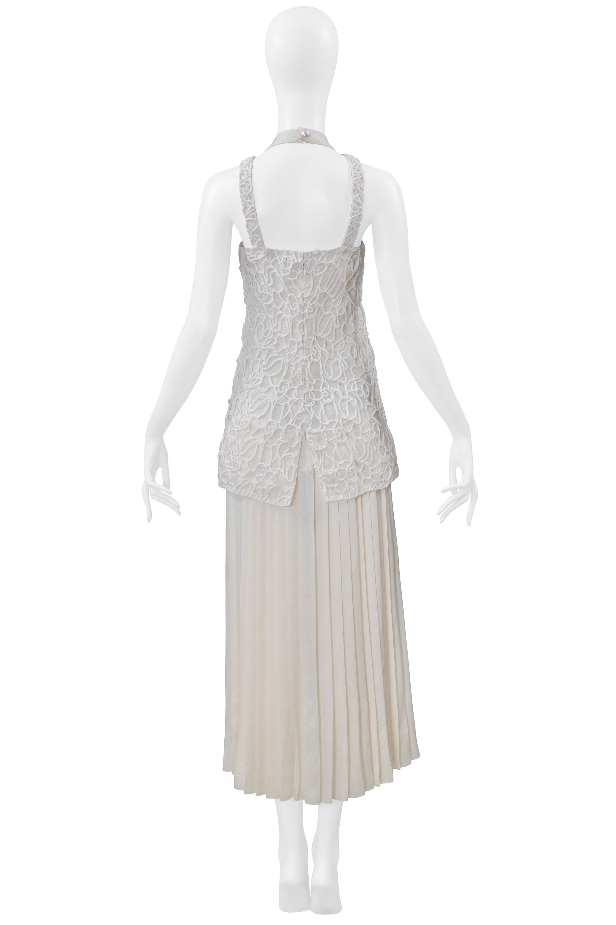 CHANEL OFF WHITE SATIN DRESS WITH DECORATED OVER BODICE AND PLEATS 2014