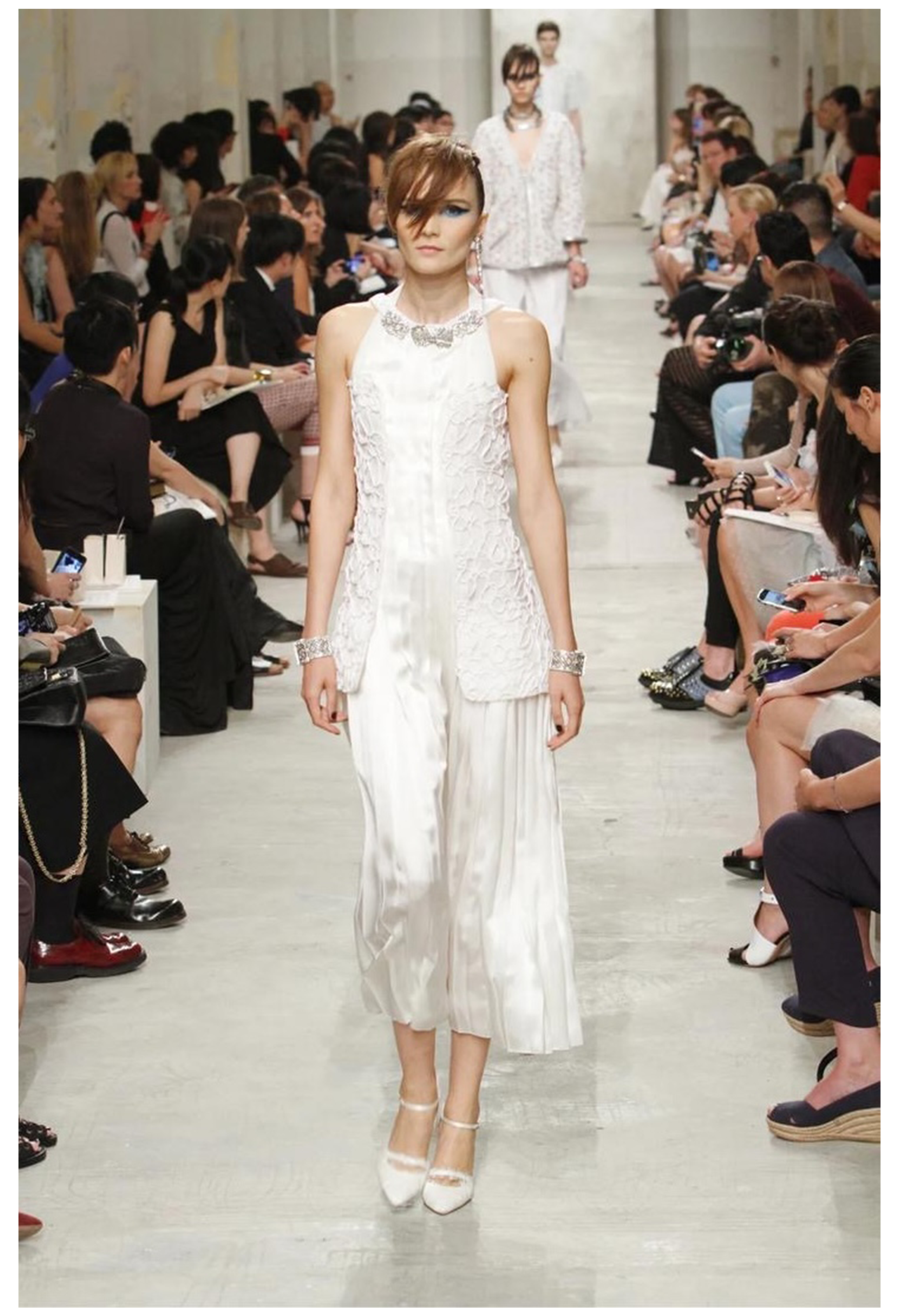 CHANEL OFF WHITE SATIN DRESS WITH DECORATED OVER BODICE AND PLEATS 2014