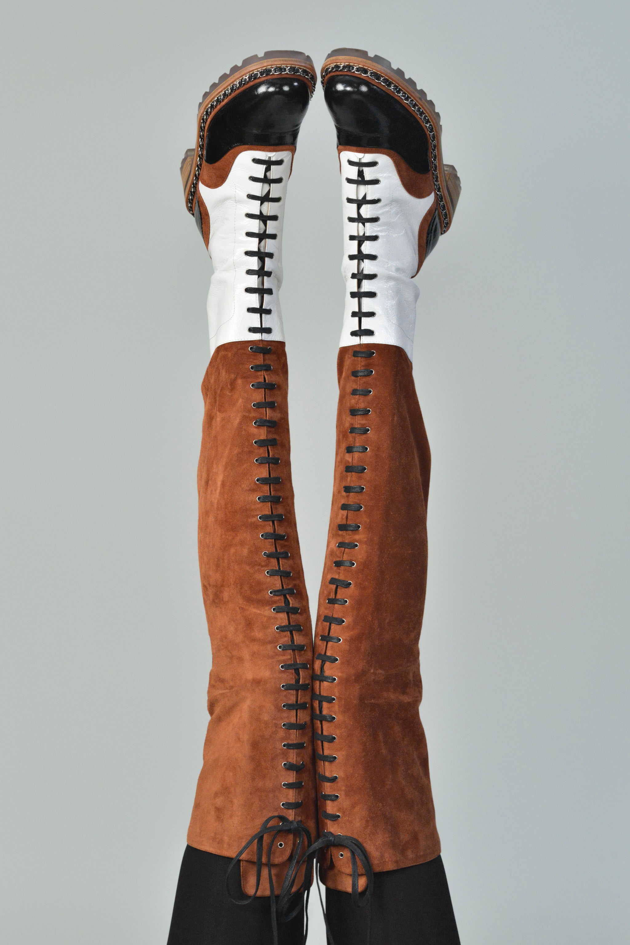 CHANEL BROWN SUEDE AND WHITE LEATHER SALZBURG BOOTS 2015