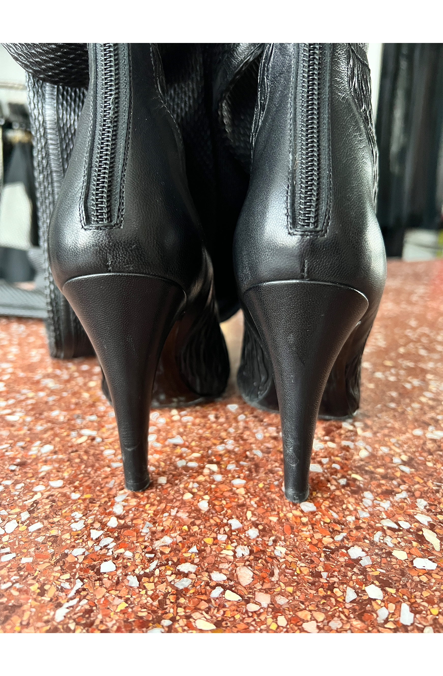 CHANEL BLACK RIBBED LEATHER THIGH HIGH SOCK BOOTS