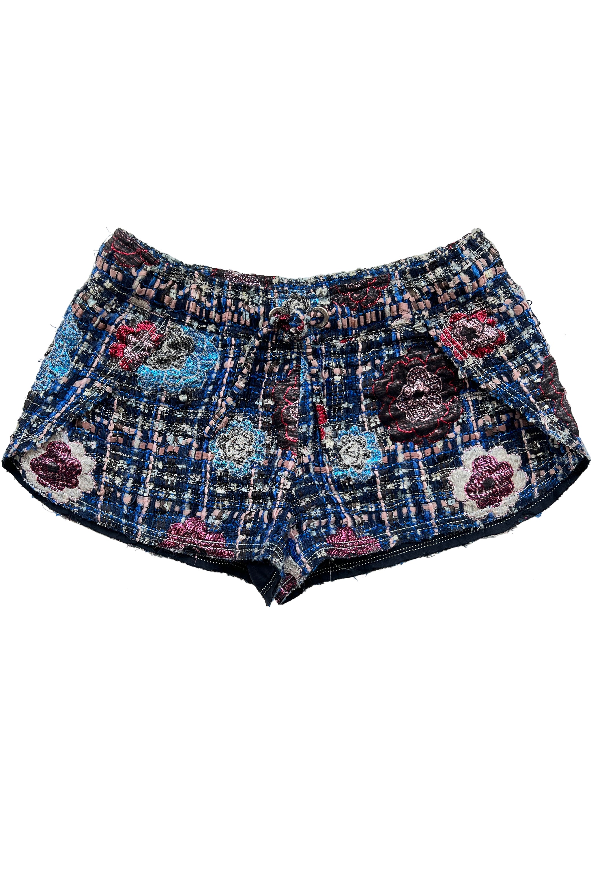 CHANEL PINK & BLUE RIBBON AND METALLIC BOUCLE SHORTS WITH CAMELLIA FLOWERS 2008