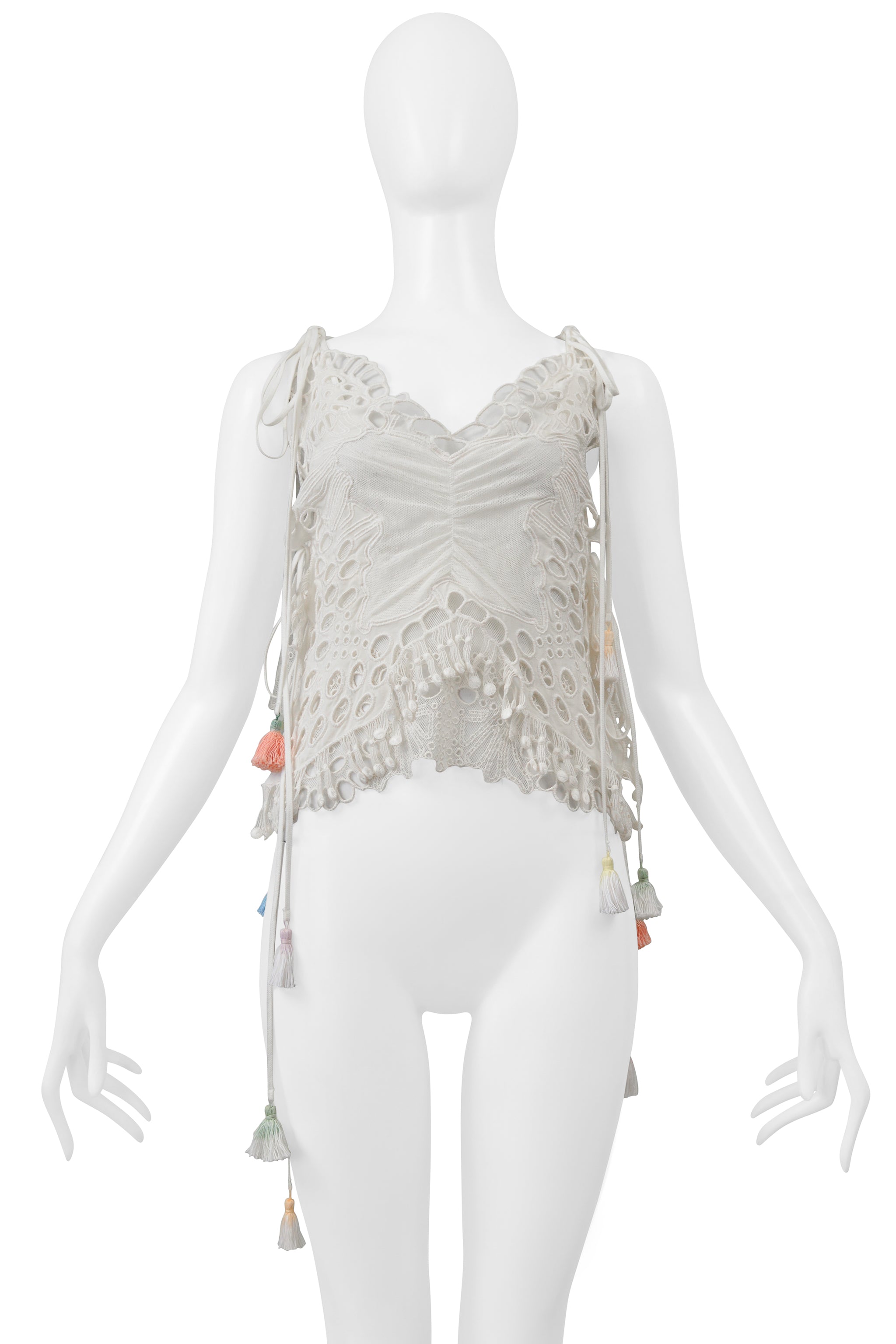 CHLOE WHITE LACE TOP WITH MULTICOLOR TASSELS 2016