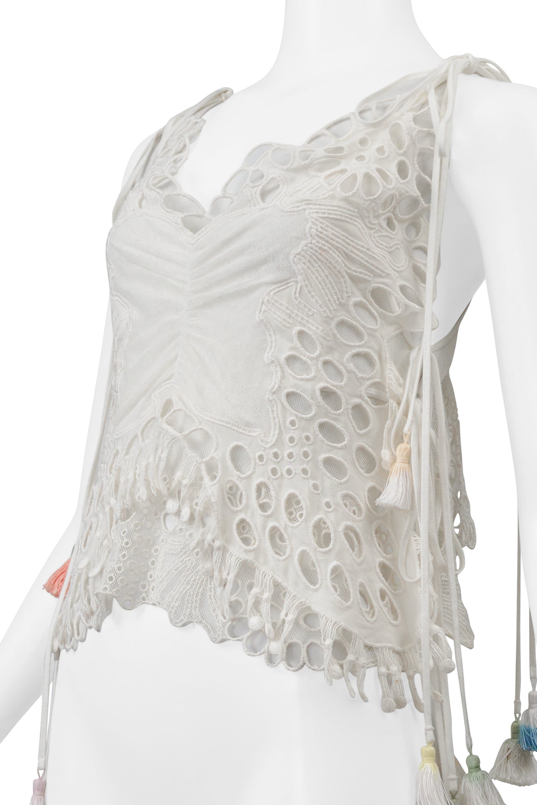 CHLOE WHITE LACE TOP WITH MULTICOLOR TASSELS 2016
