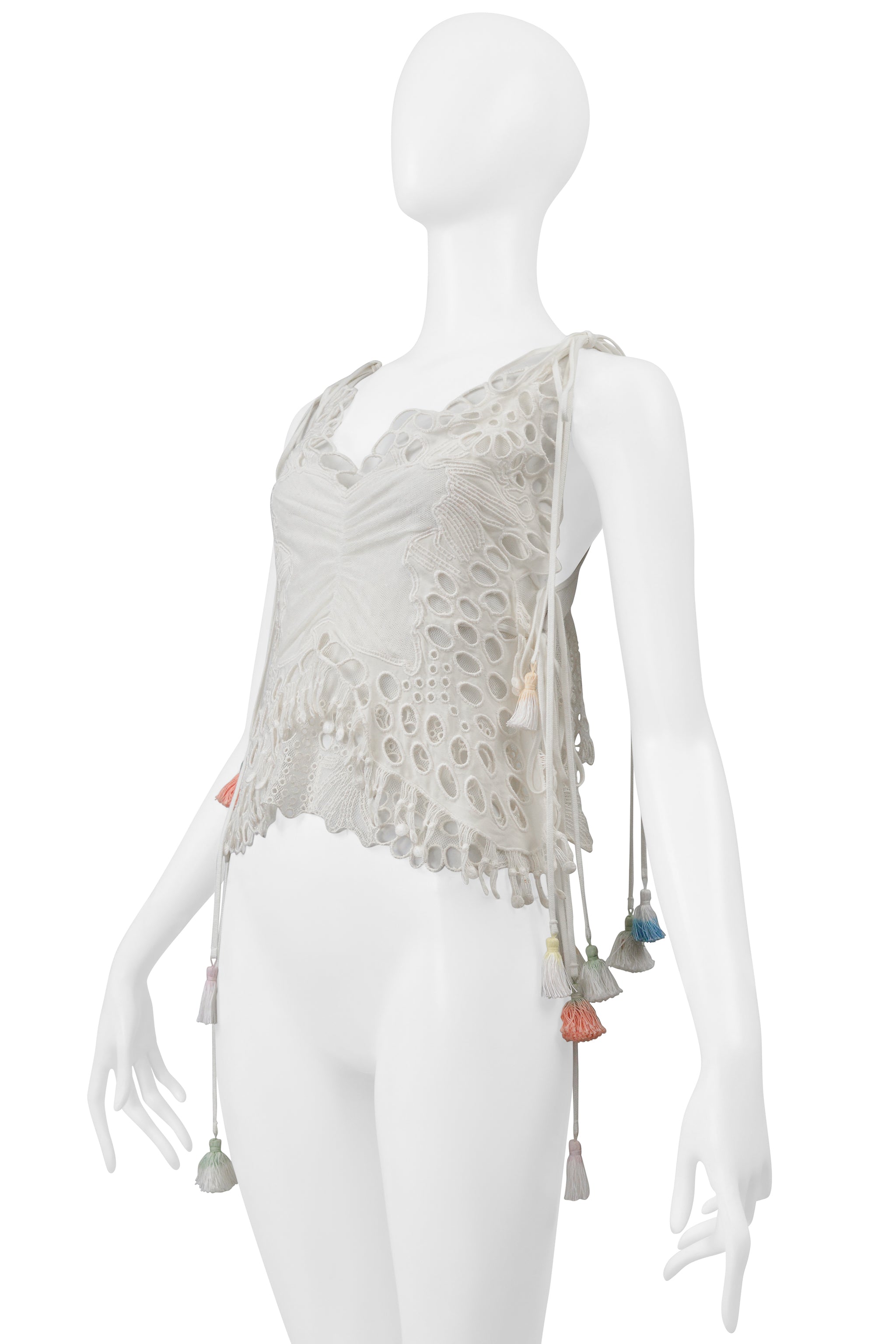 CHLOE WHITE LACE TOP WITH MULTICOLOR TASSELS 2016