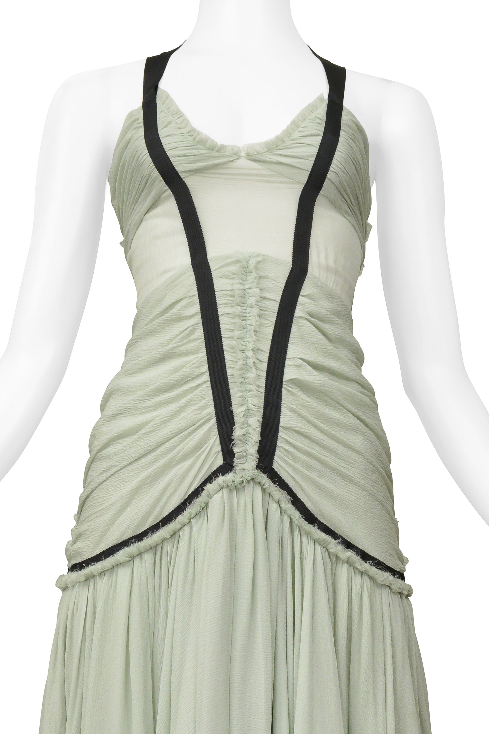CHOLE BY PHOEBE PHILO CELADON CHIFFON DRESS WITH BLACK RIBBON TRIM 2004