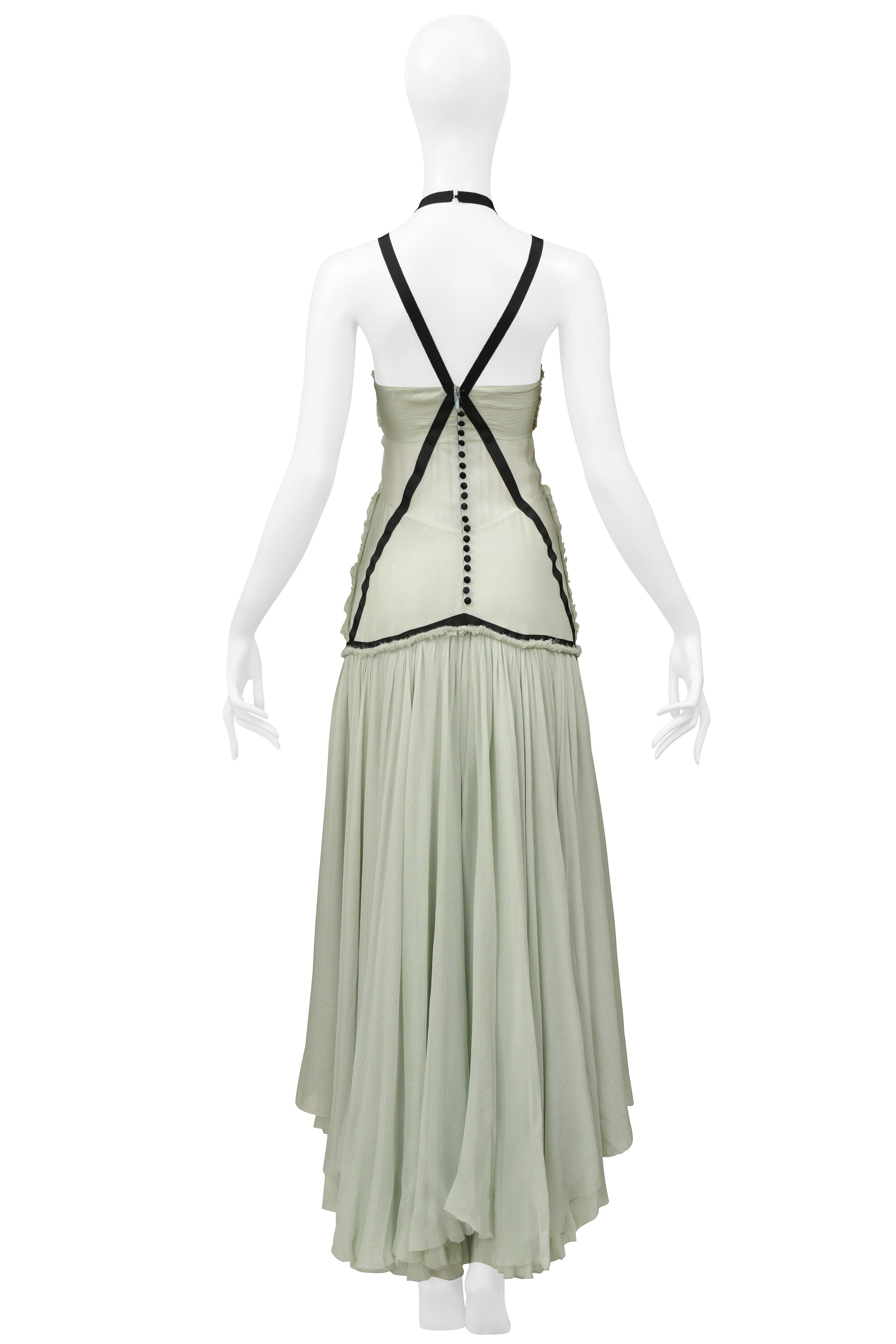 CHOLE BY PHOEBE PHILO CELADON CHIFFON DRESS WITH BLACK RIBBON TRIM 2004
