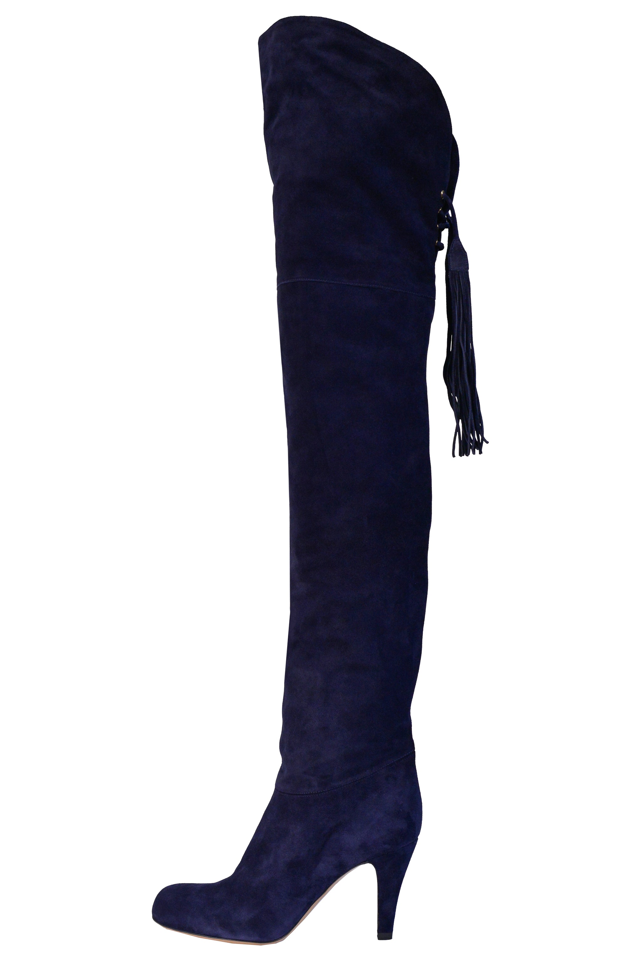 CHLOE NAVY SUEDE THIGH HIGH BOOTS WITH FRINGE TASSELS