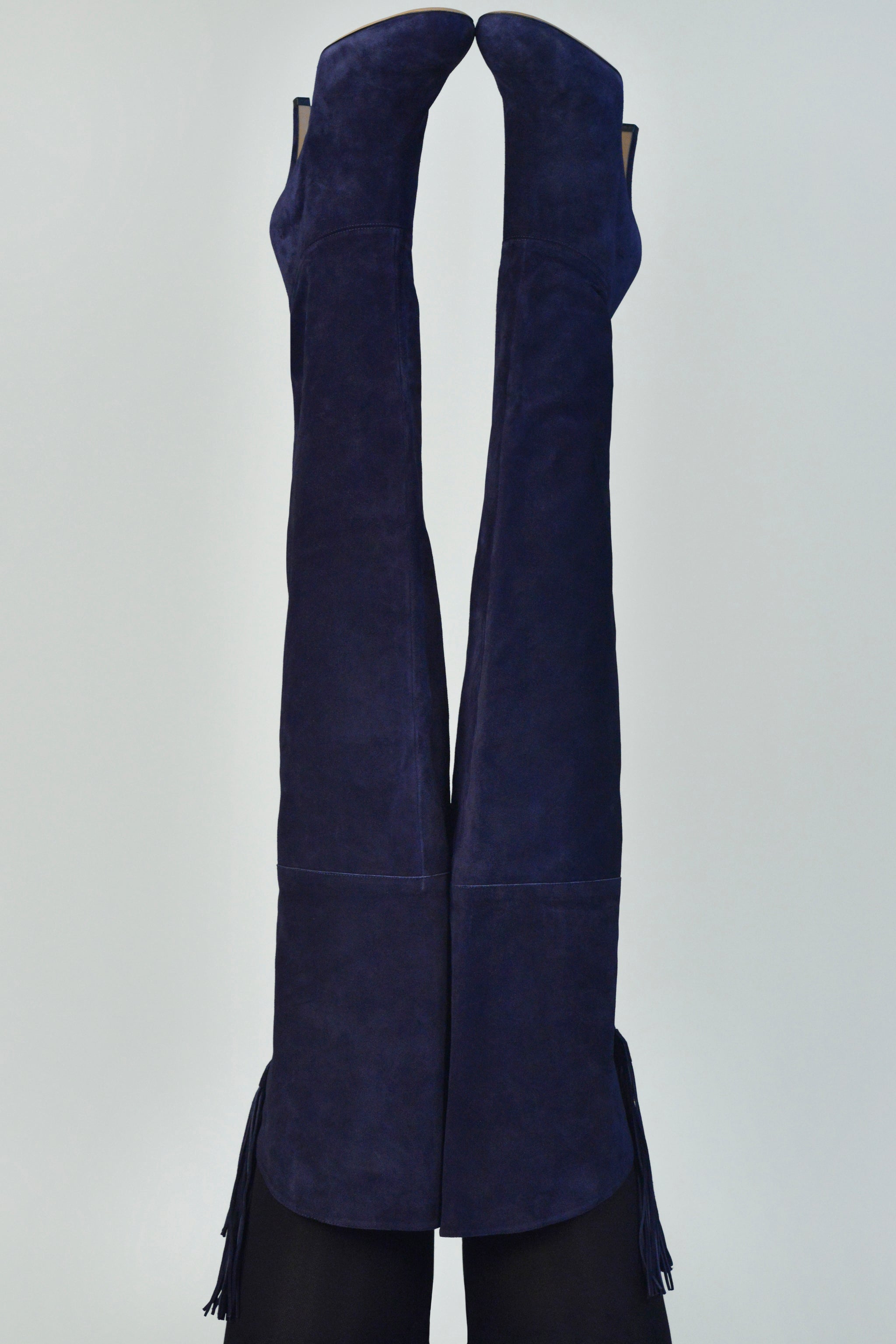 CHLOE NAVY SUEDE THIGH HIGH BOOTS WITH FRINGE TASSELS