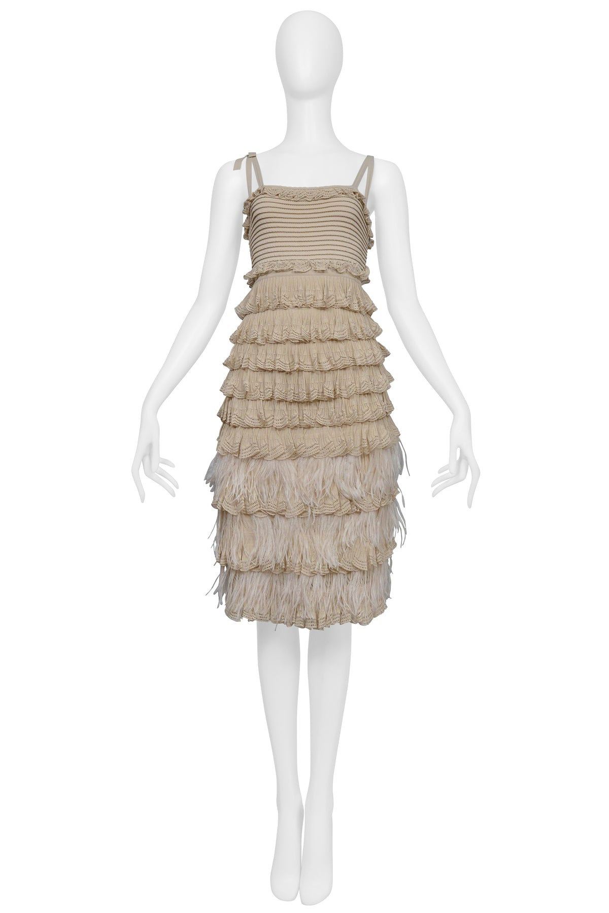CHRISTIAN DIOR BY JOHN GALLIANO TAN DRESS WITH WHITE FEATHERS 2011