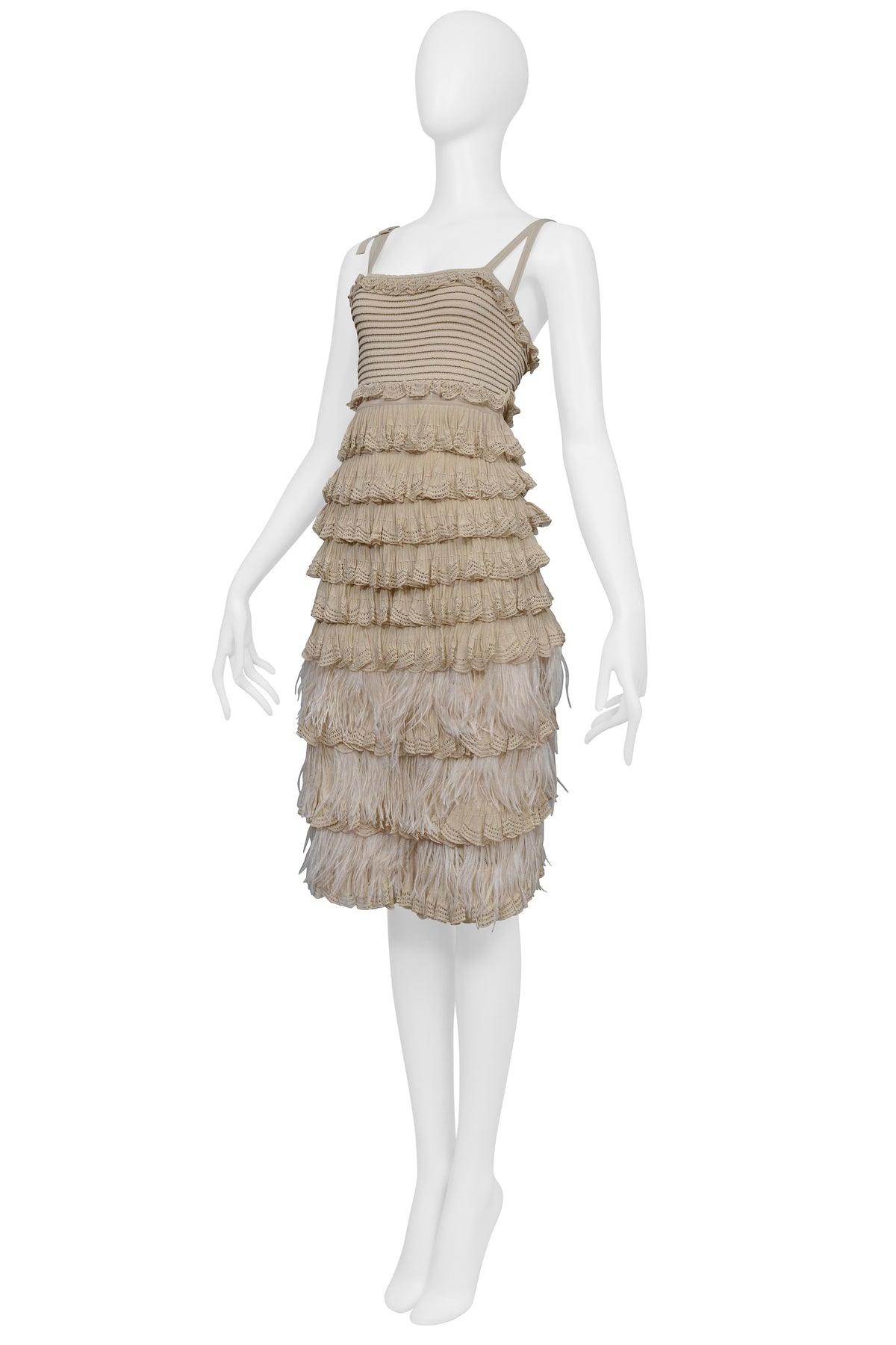 CHRISTIAN DIOR BY JOHN GALLIANO TAN DRESS WITH WHITE FEATHERS 2011