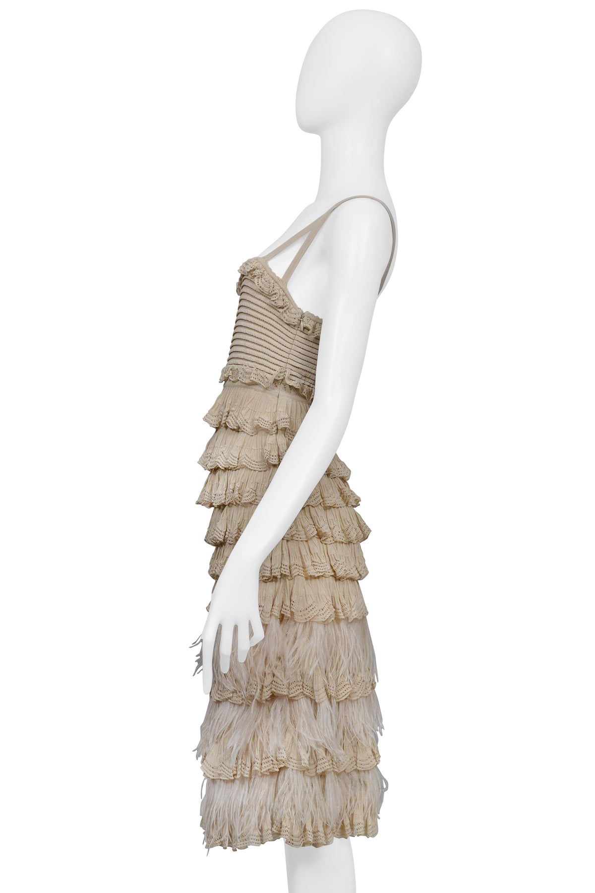 CHRISTIAN DIOR BY JOHN GALLIANO TAN DRESS WITH WHITE FEATHERS 2011