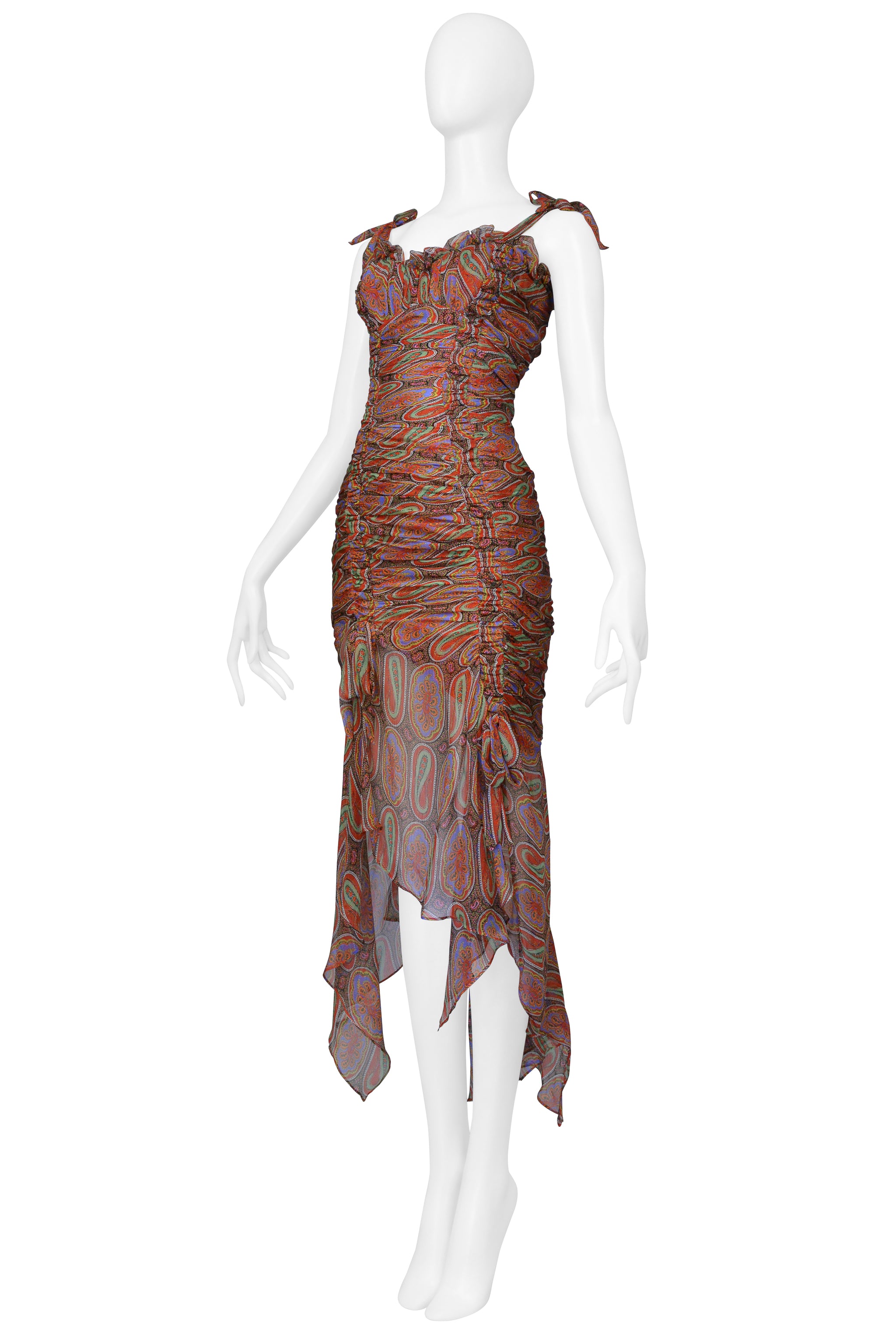 CHRISTIAN LACROIX 1994 PAISLEY SILK CHIFFON RUCHED DRESS