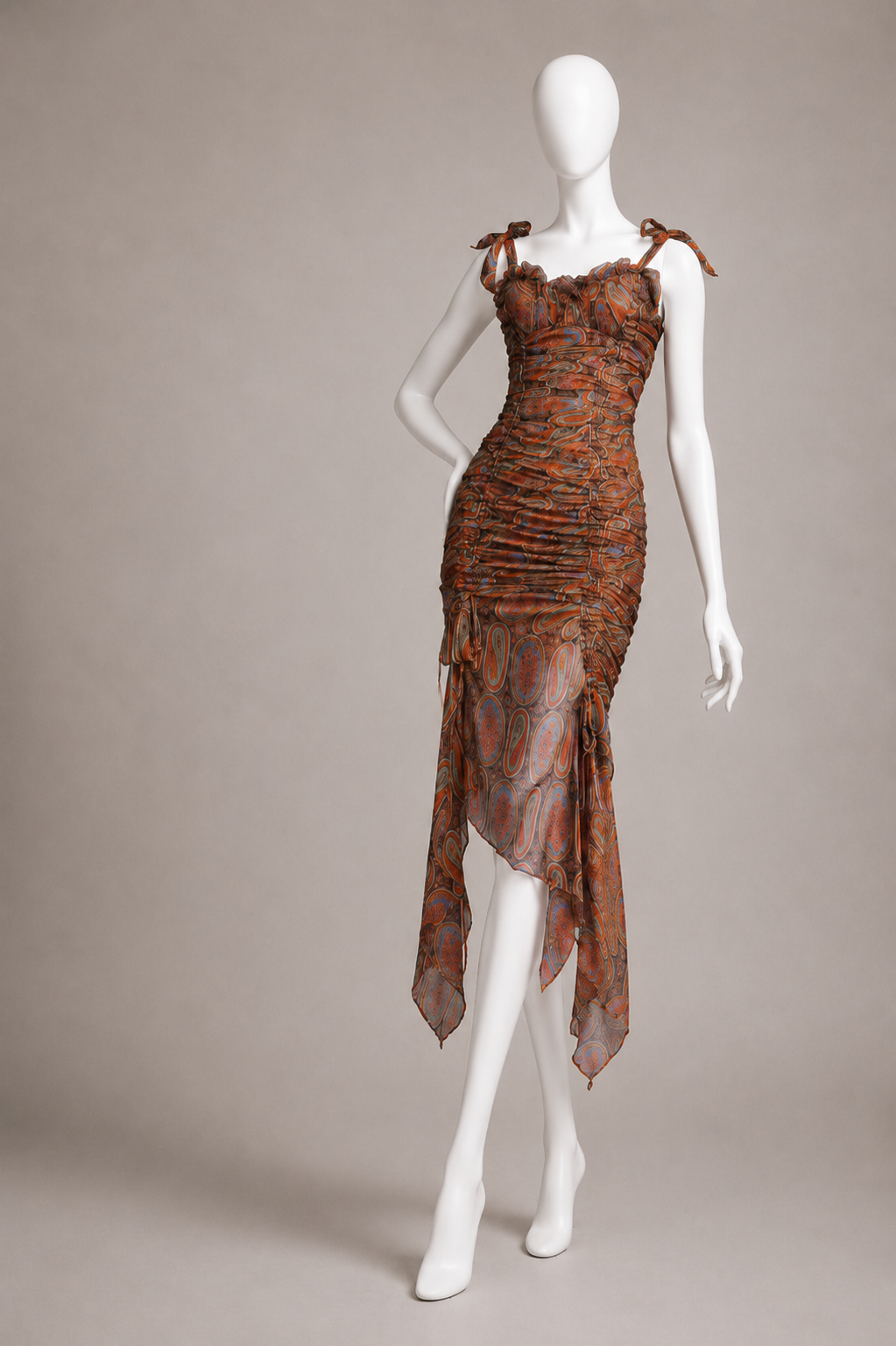 CHRISTIAN LACROIX 1994 PAISLEY SILK CHIFFON RUCHED DRESS