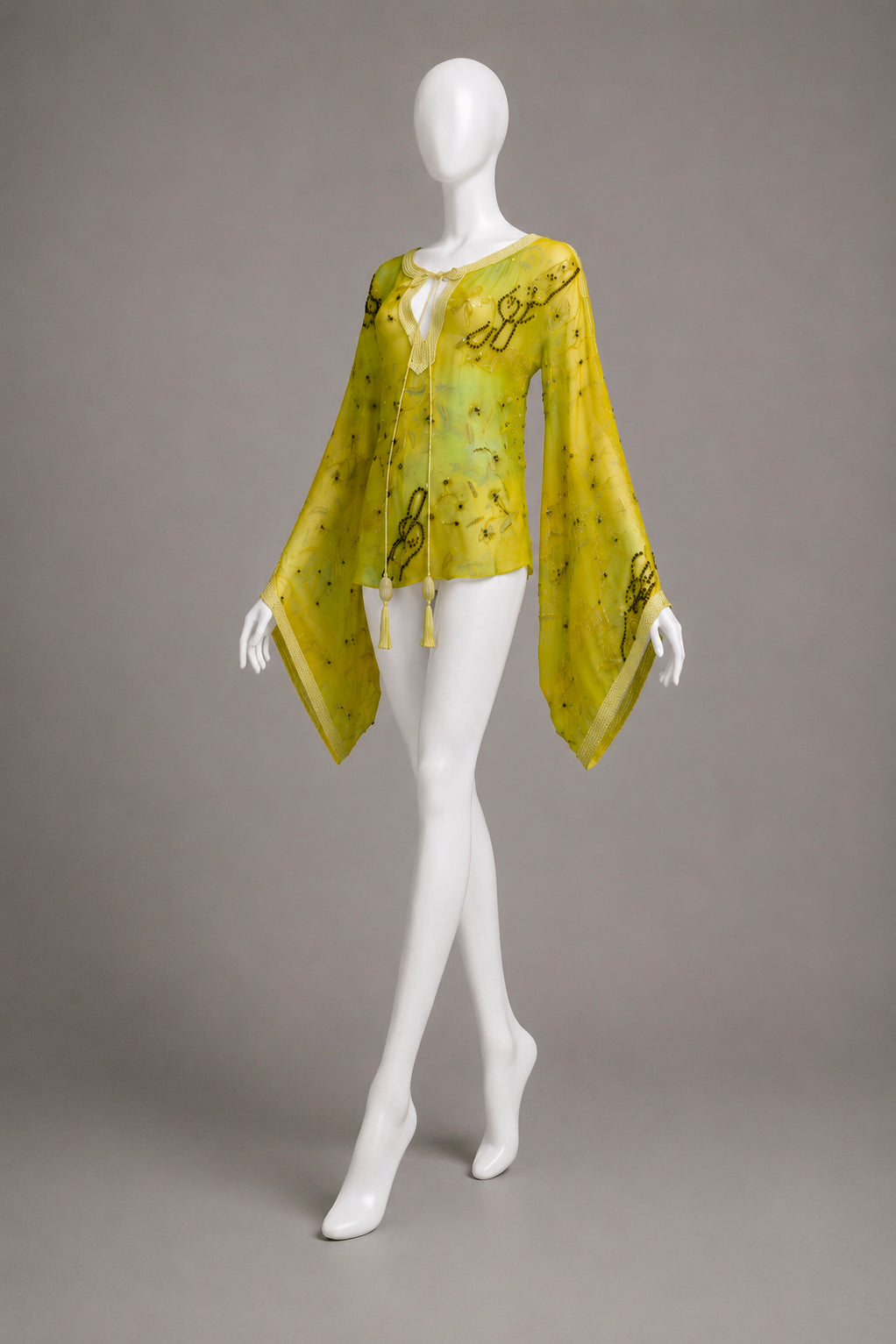 UNGARO YELLOW AND GREEN EMBROIDERED BEAD SILK BLOUSE TOP